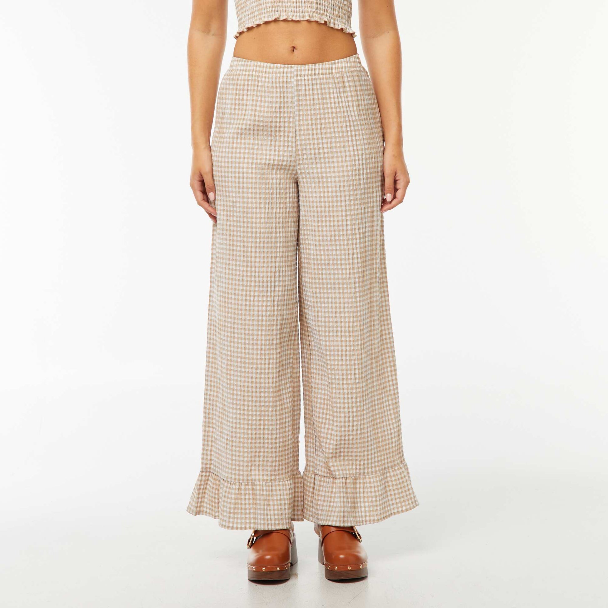 Pantalon large vichy volanté BEIGE