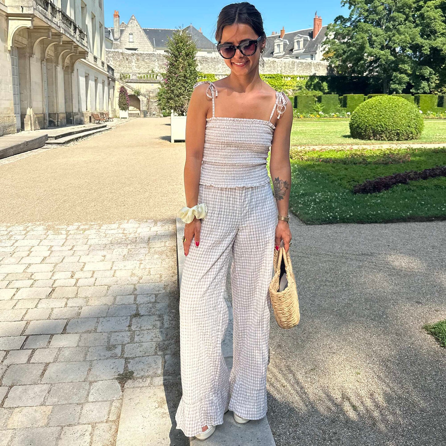 Crop top smocké carreaux vichy BEIGE