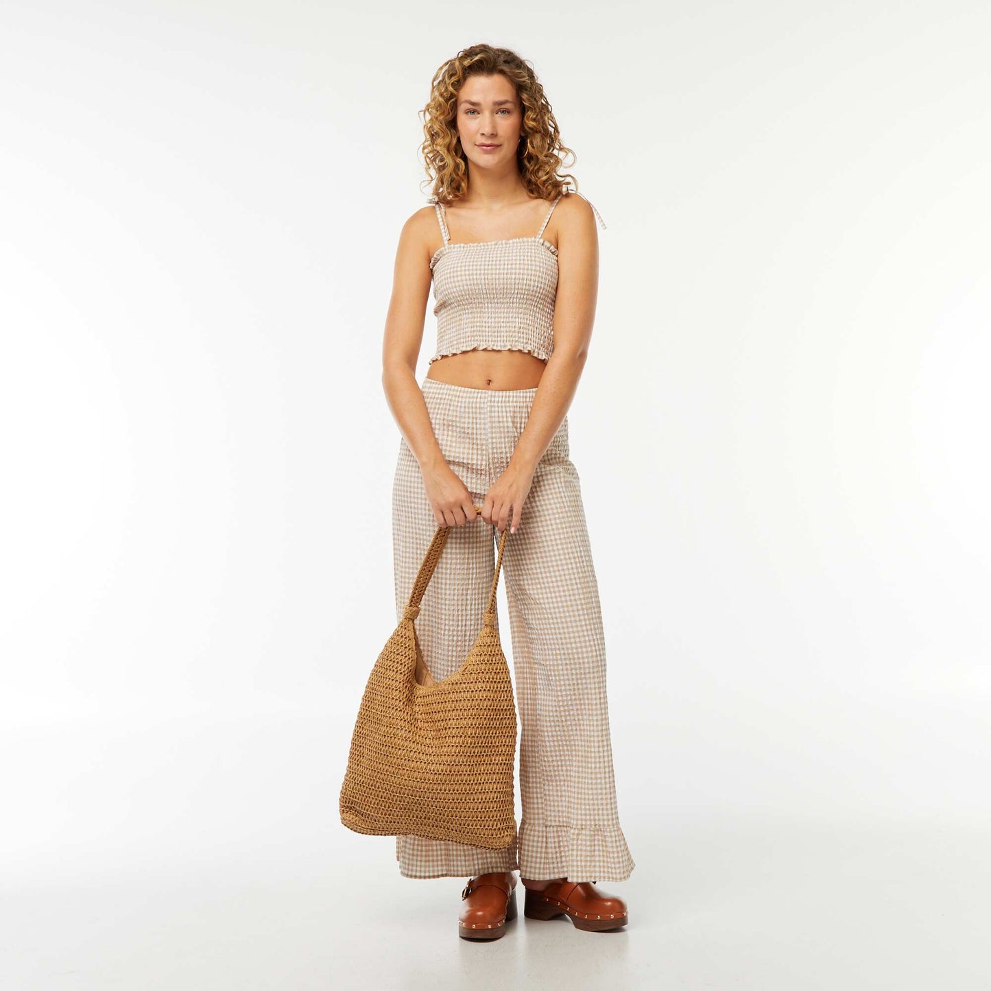 Crop top smocké carreaux vichy BEIGE
