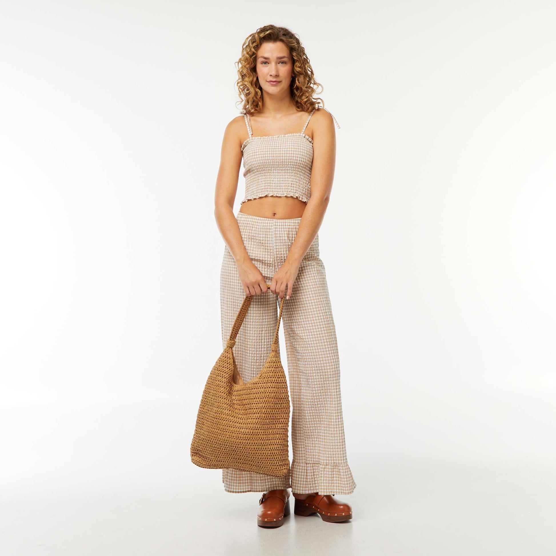 Crop top smocké carreaux vichy BEIGE