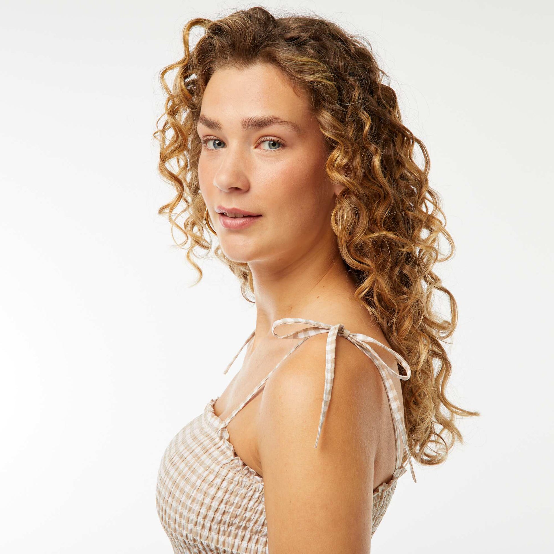 Crop top smocké carreaux vichy BEIGE
