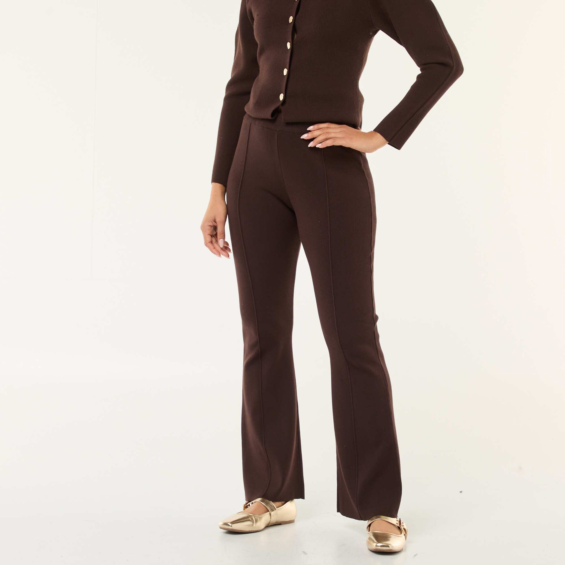 Pantalon large en maille ottoman uni MARRON