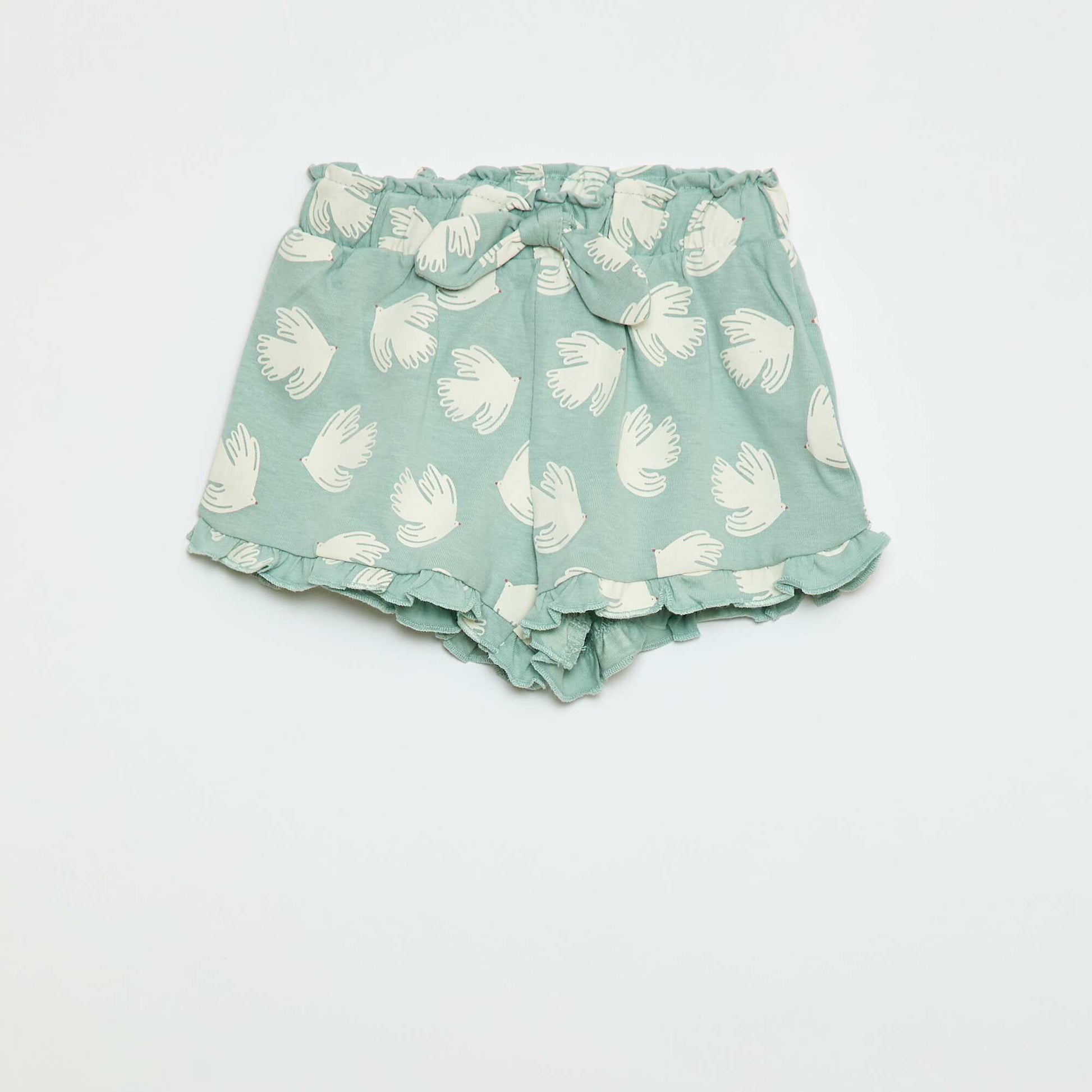 Short en coton avec ceinture à nouer et bas de jambe volantés BLEU