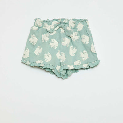 Short en coton avec ceinture à nouer et bas de jambe volantés BLEU