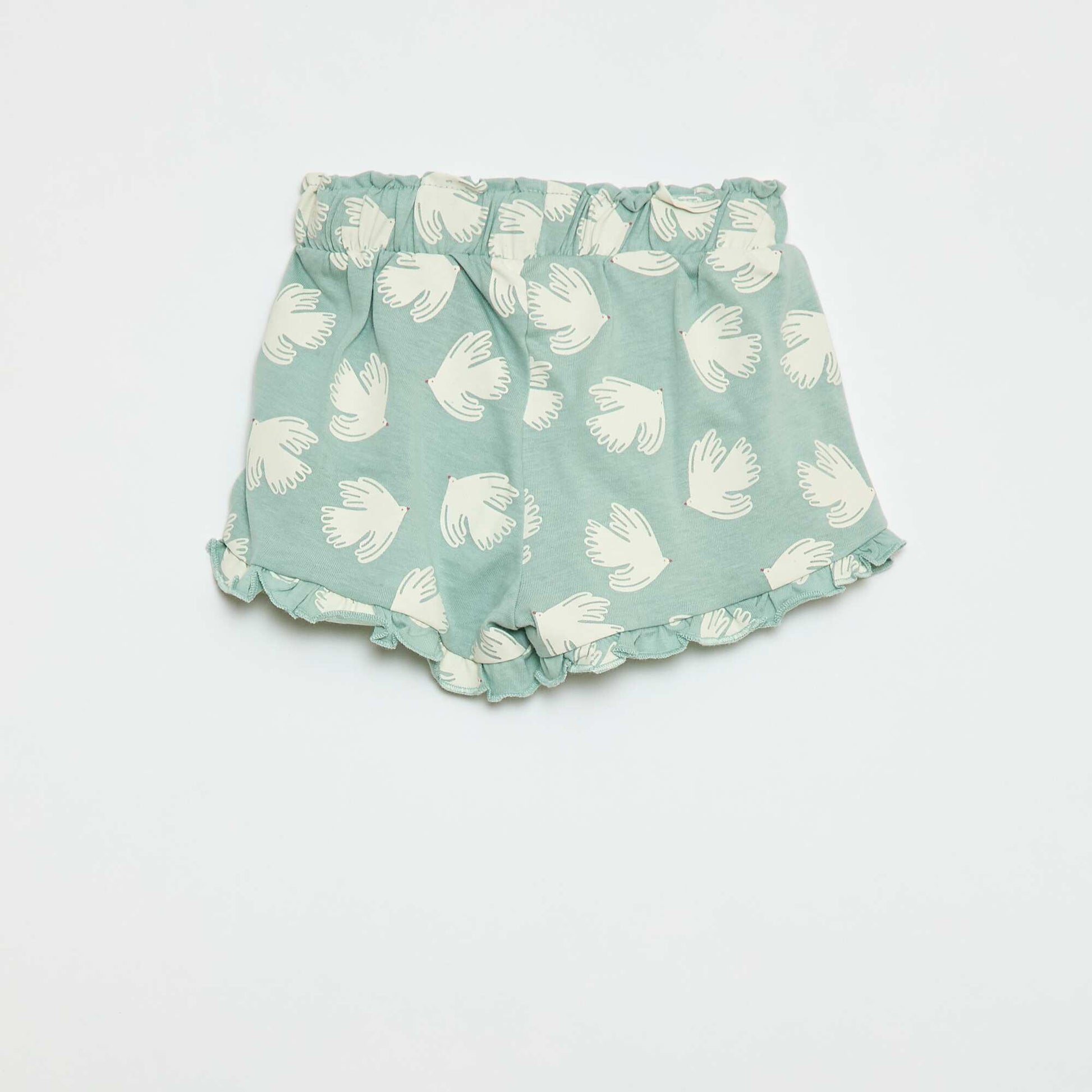 Short en coton avec ceinture à nouer et bas de jambe volantés BLEU