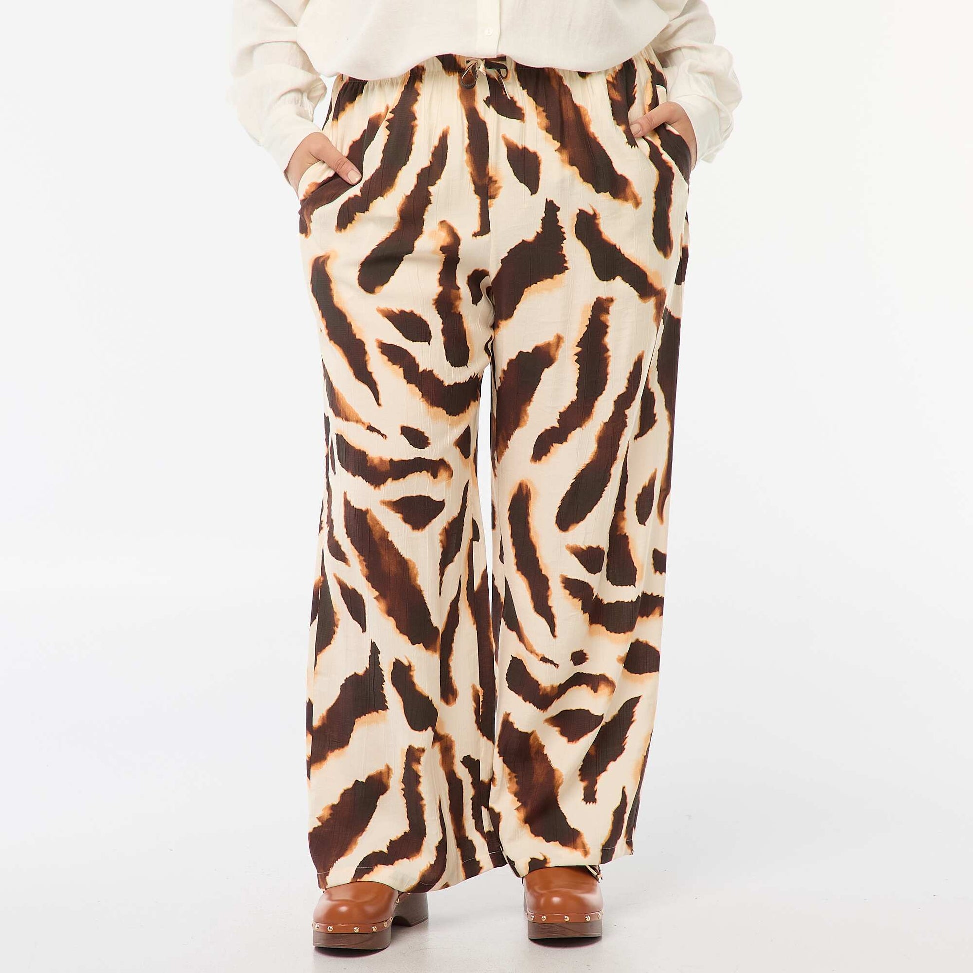 Pantalon large fluide avec motif all over BEIGE