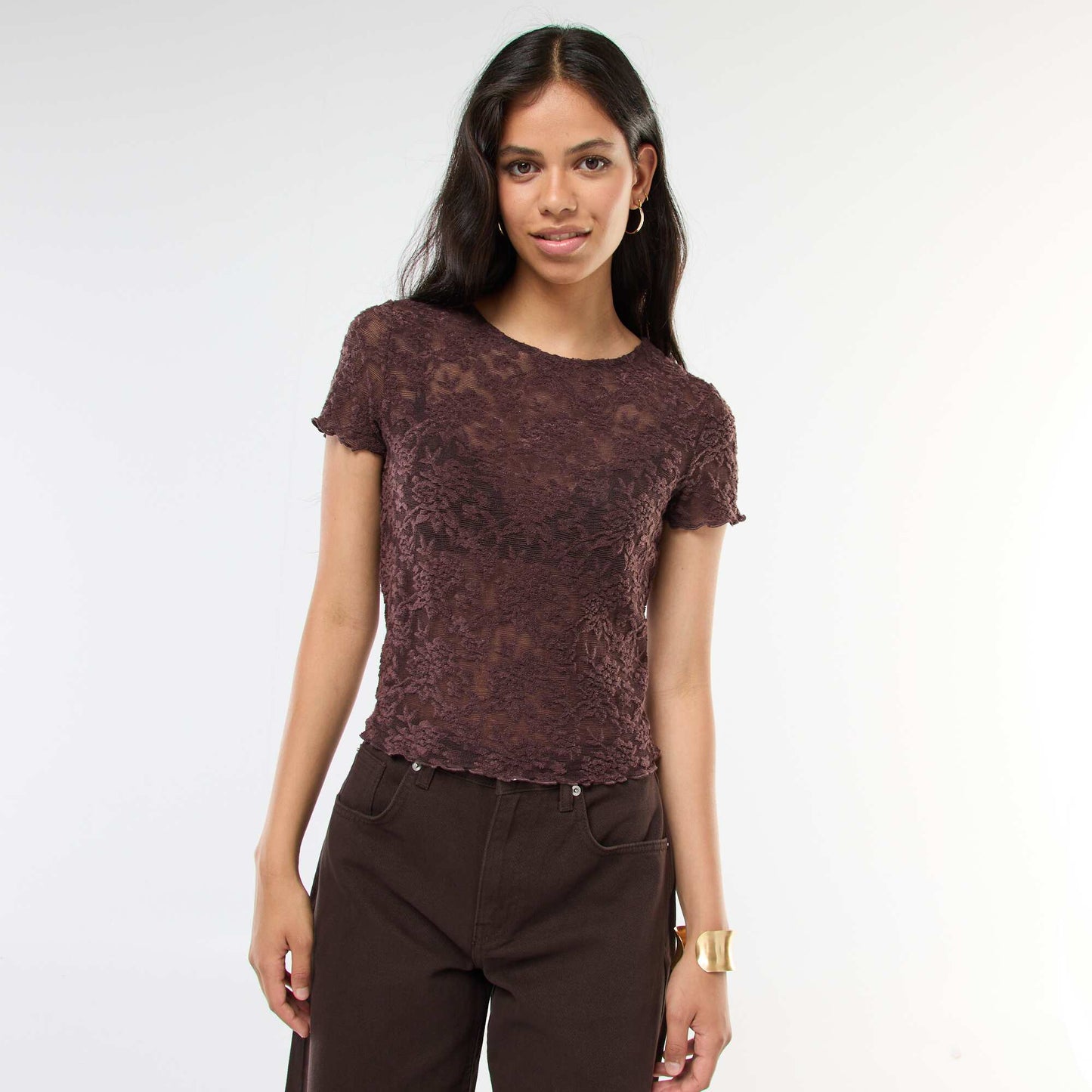 T-shirt en dentelle à manches courtes MARRON