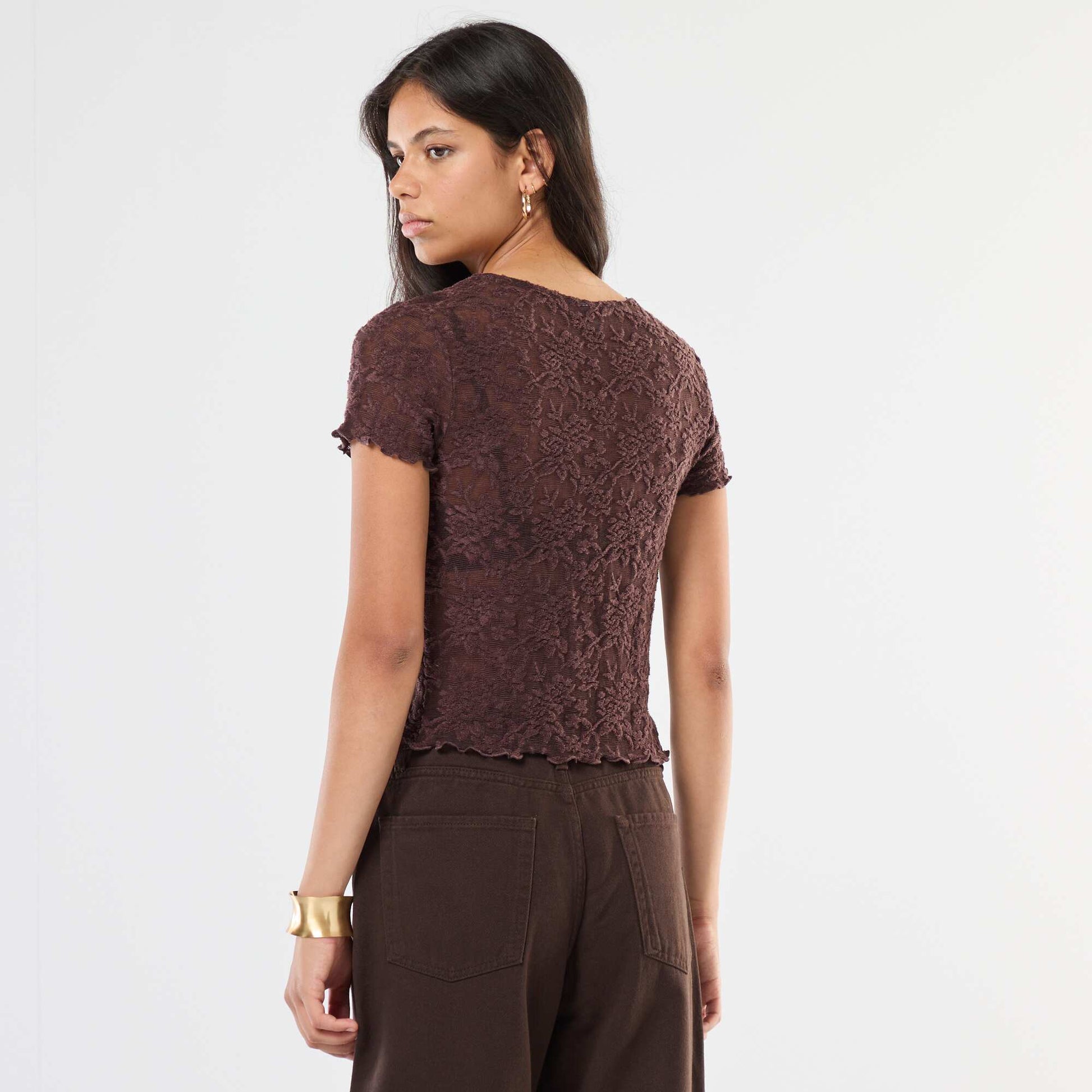 T-shirt en dentelle à manches courtes MARRON