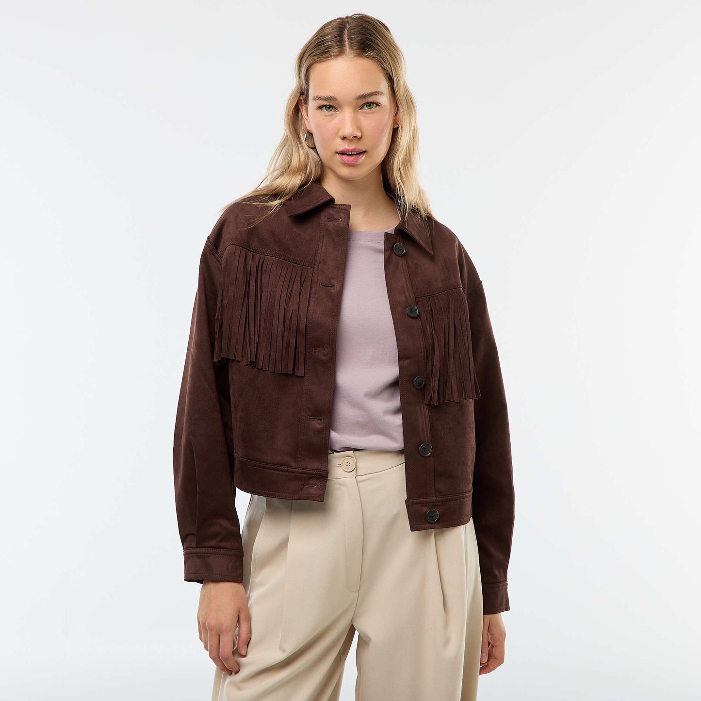 Veste en suédine avec franges coupe courte MARRON