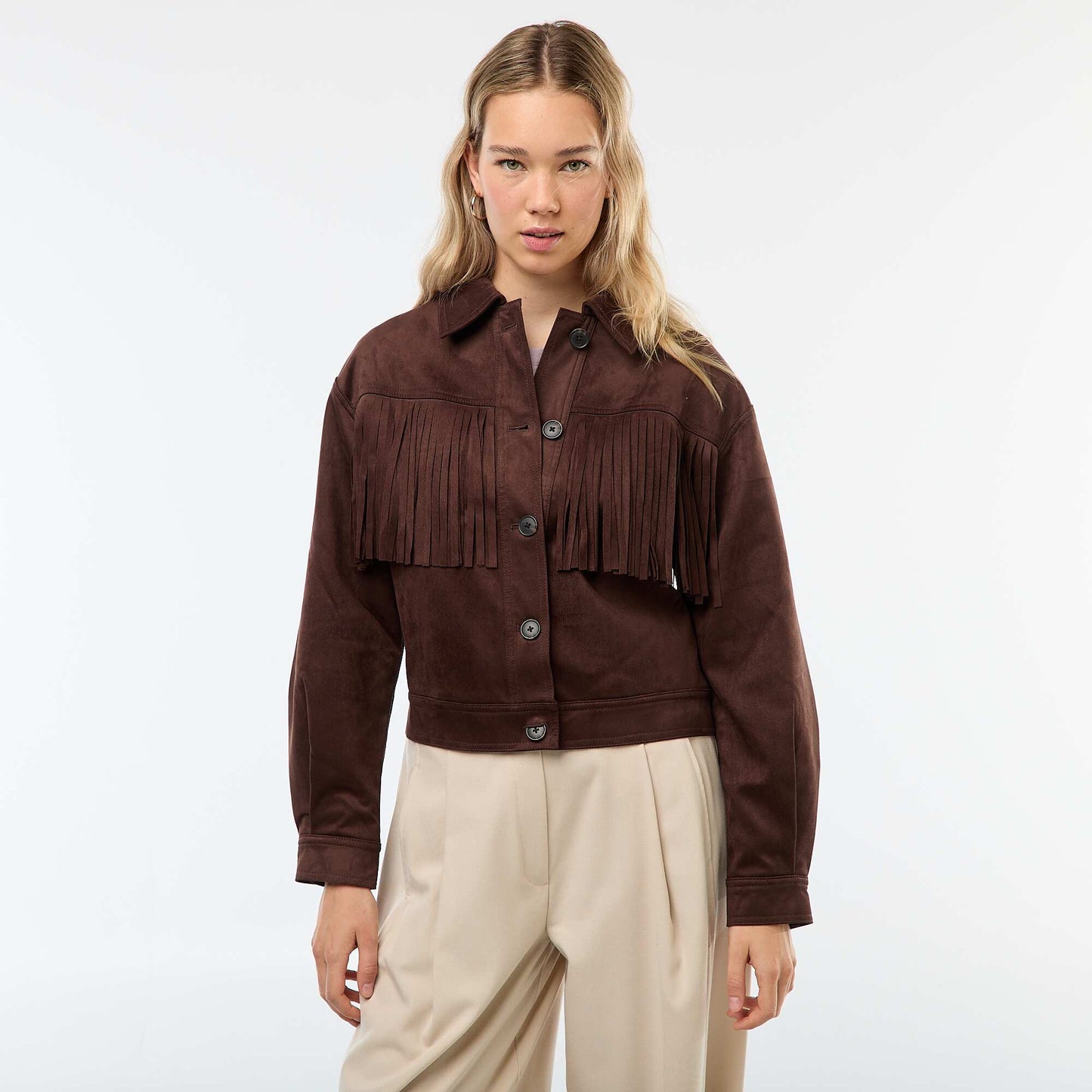 Veste en suédine avec franges coupe courte MARRON
