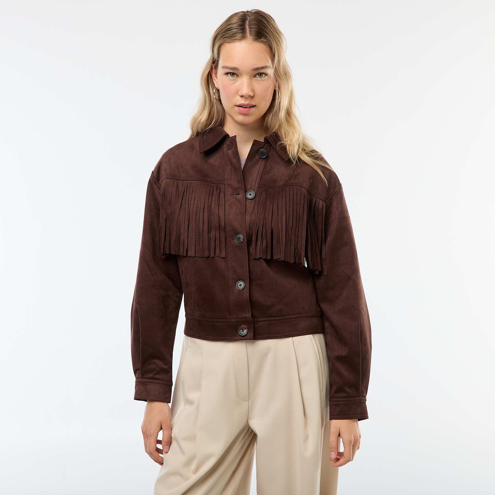 Veste en suédine avec franges coupe courte MARRON