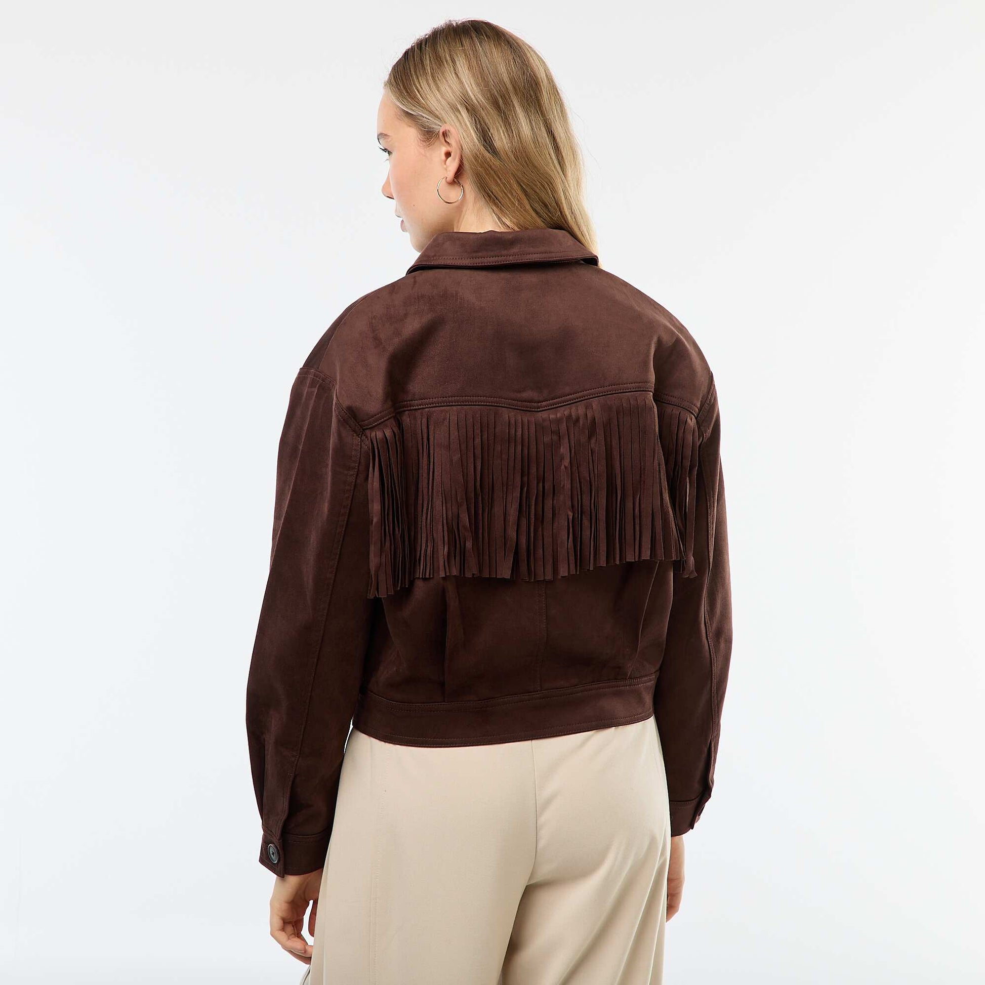 Veste en suédine avec franges coupe courte MARRON
