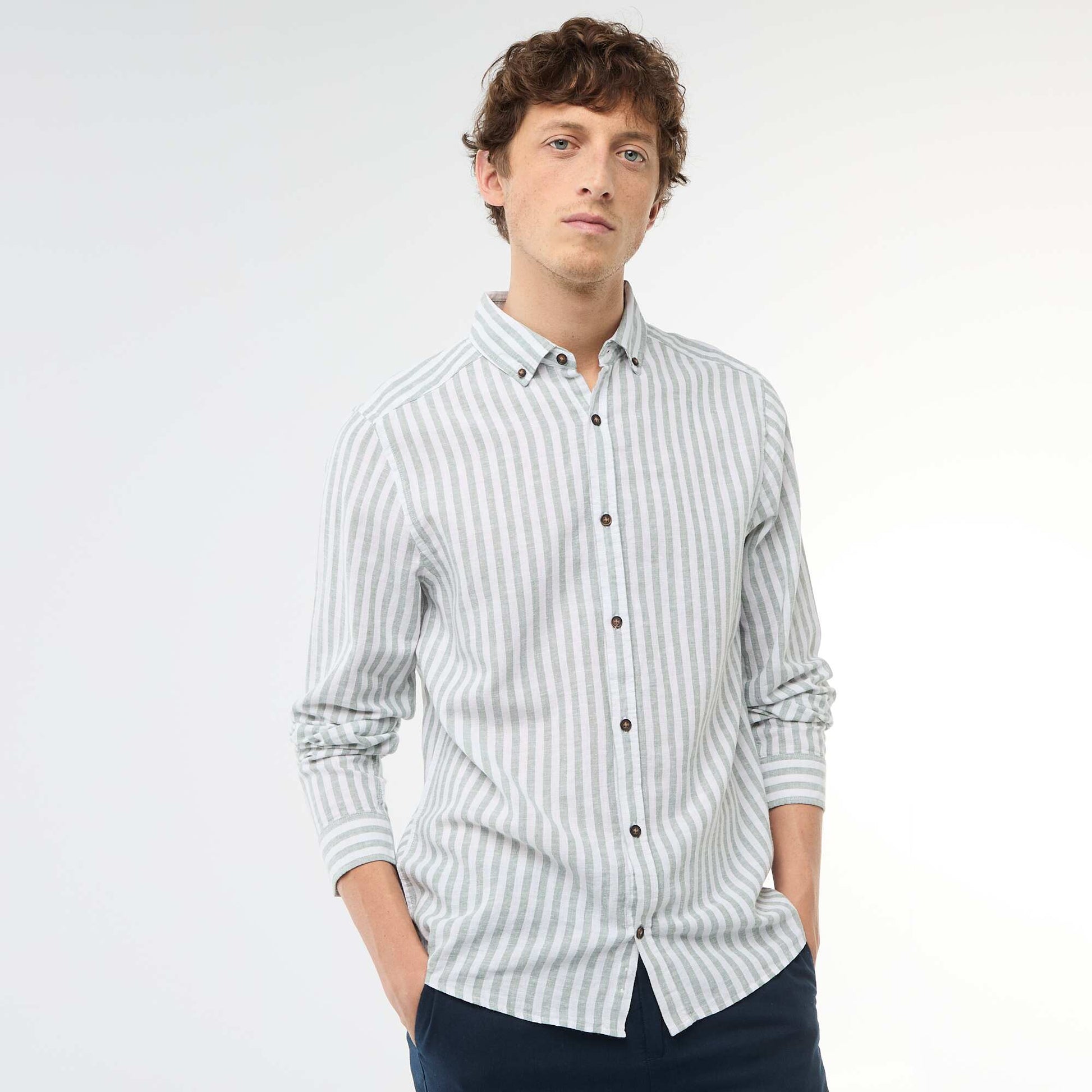Chemise en lin et coton rayée VERT
