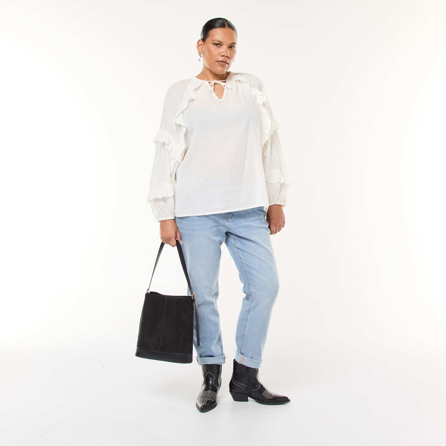 Blouse en plumetis volantée avec liens à nouer au col BLANC