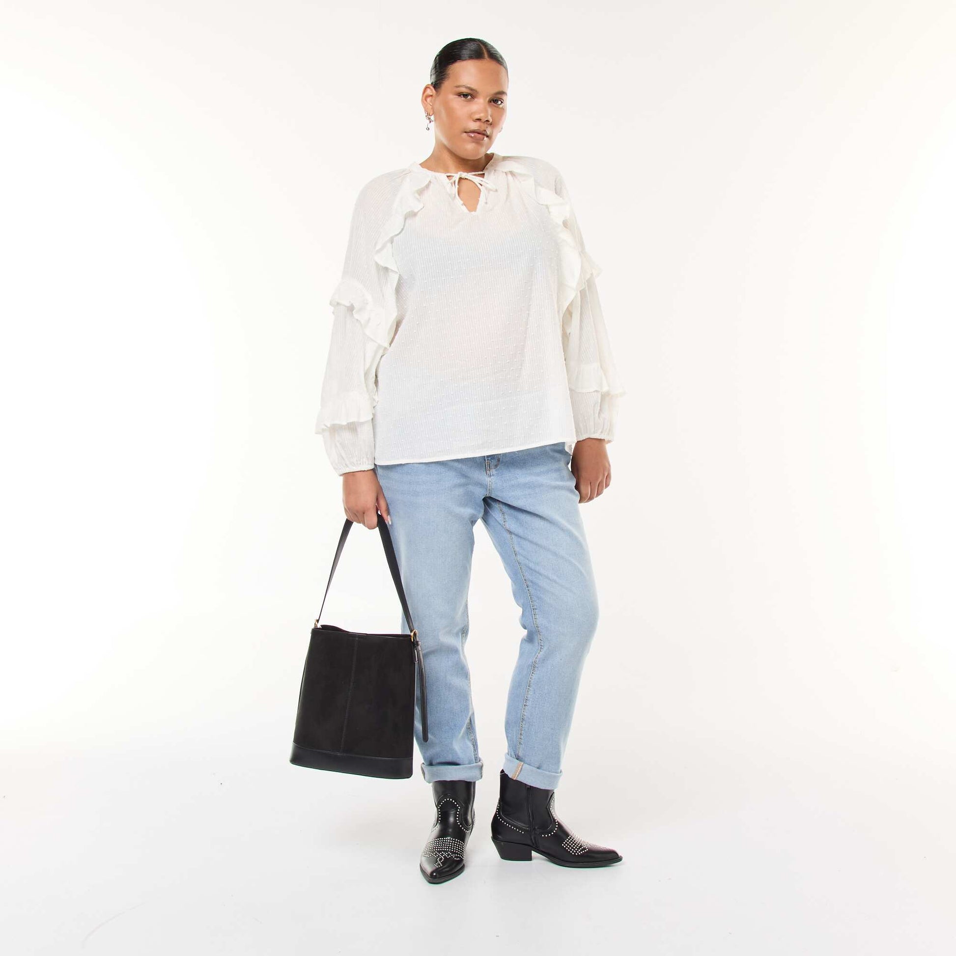 Blouse en plumetis volantée avec liens à nouer au col BLANC
