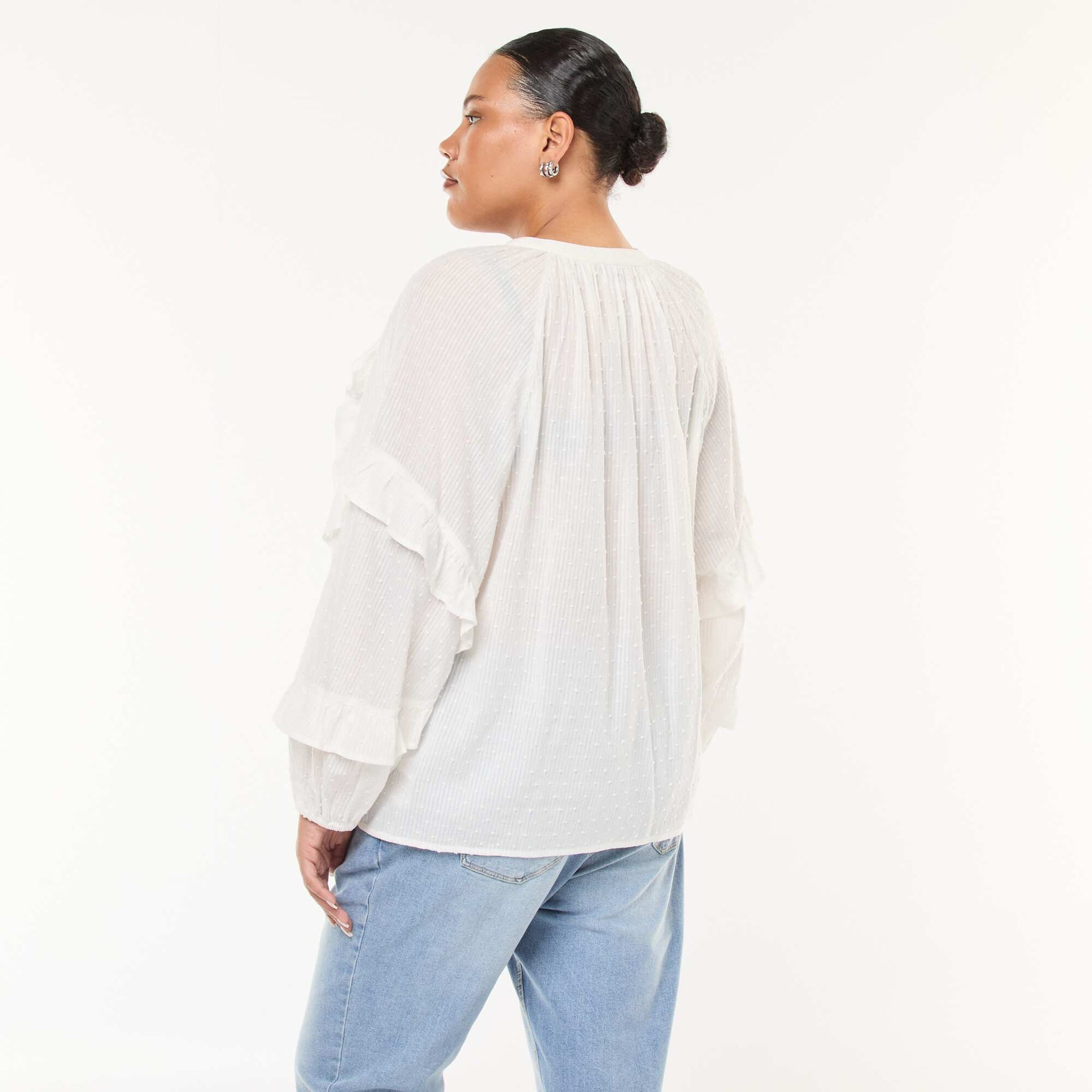 Blouse en plumetis volantée avec liens à nouer au col BLANC