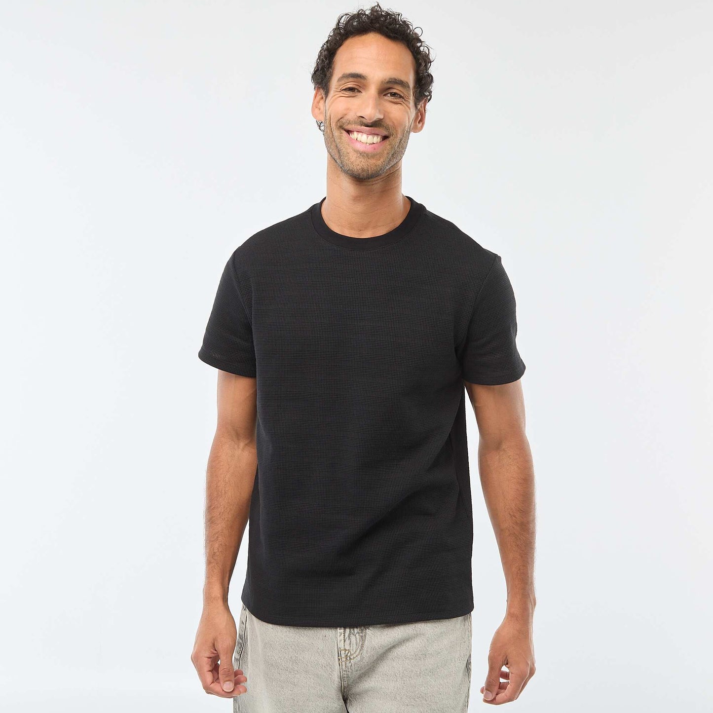 T-shirt manches courtes en maille gaufrée NOIR