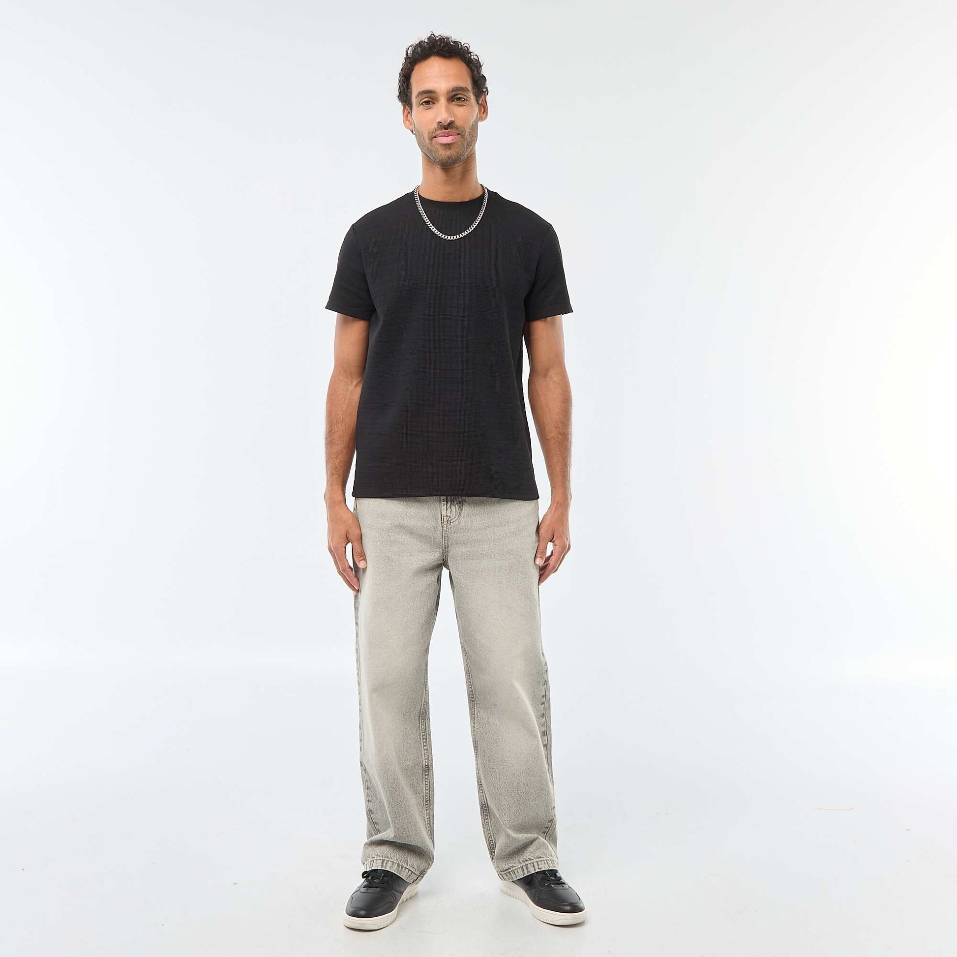 T-shirt manches courtes en maille gaufrée NOIR