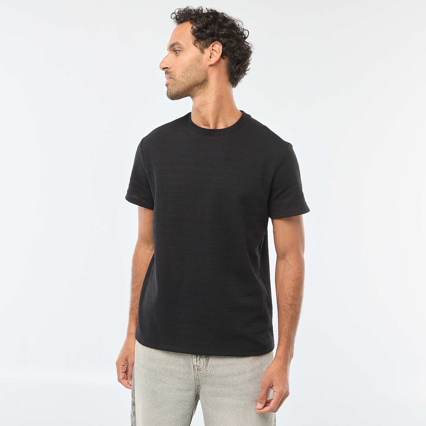T-shirt manches courtes en maille gaufrée NOIR