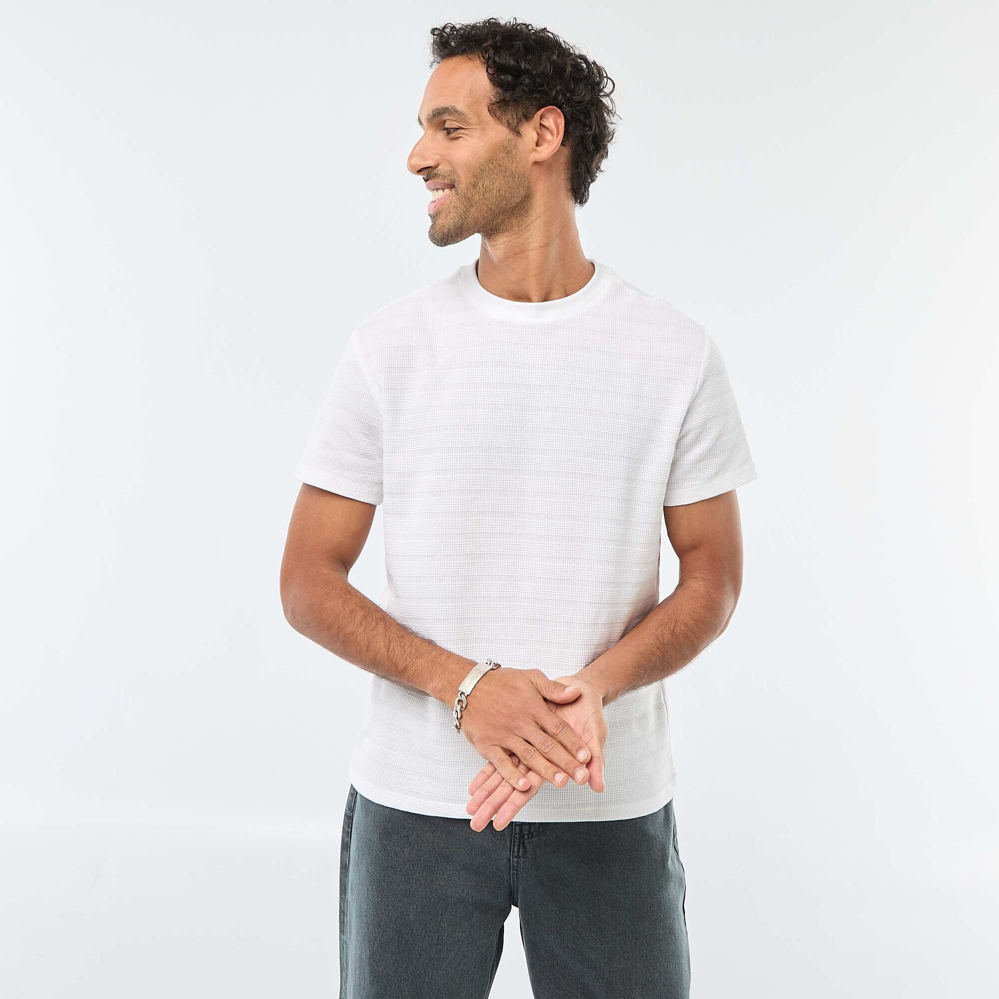 T-shirt manches courtes en maille gaufrée BLANC