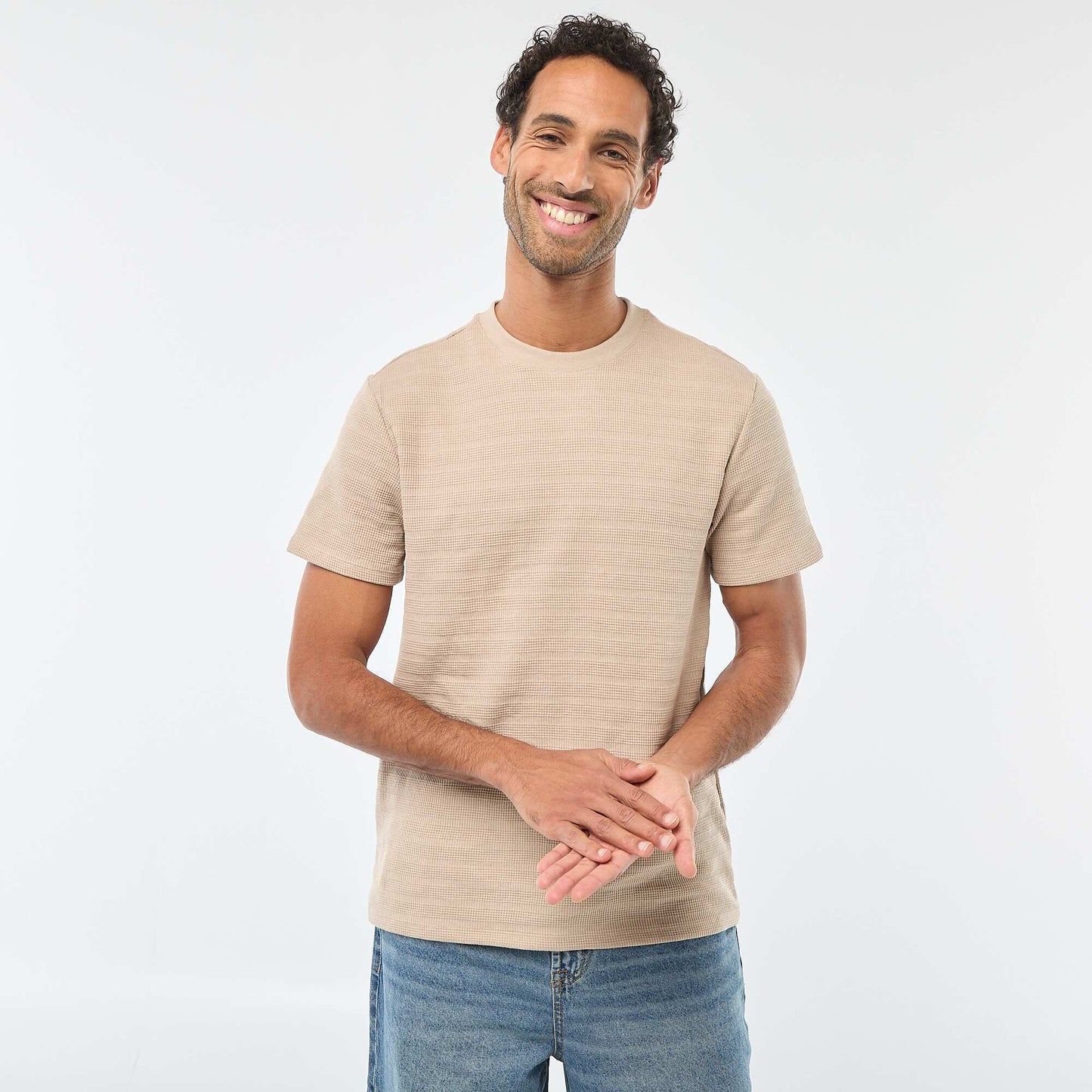 T-shirt manches courtes en maille gaufrée BEIGE
