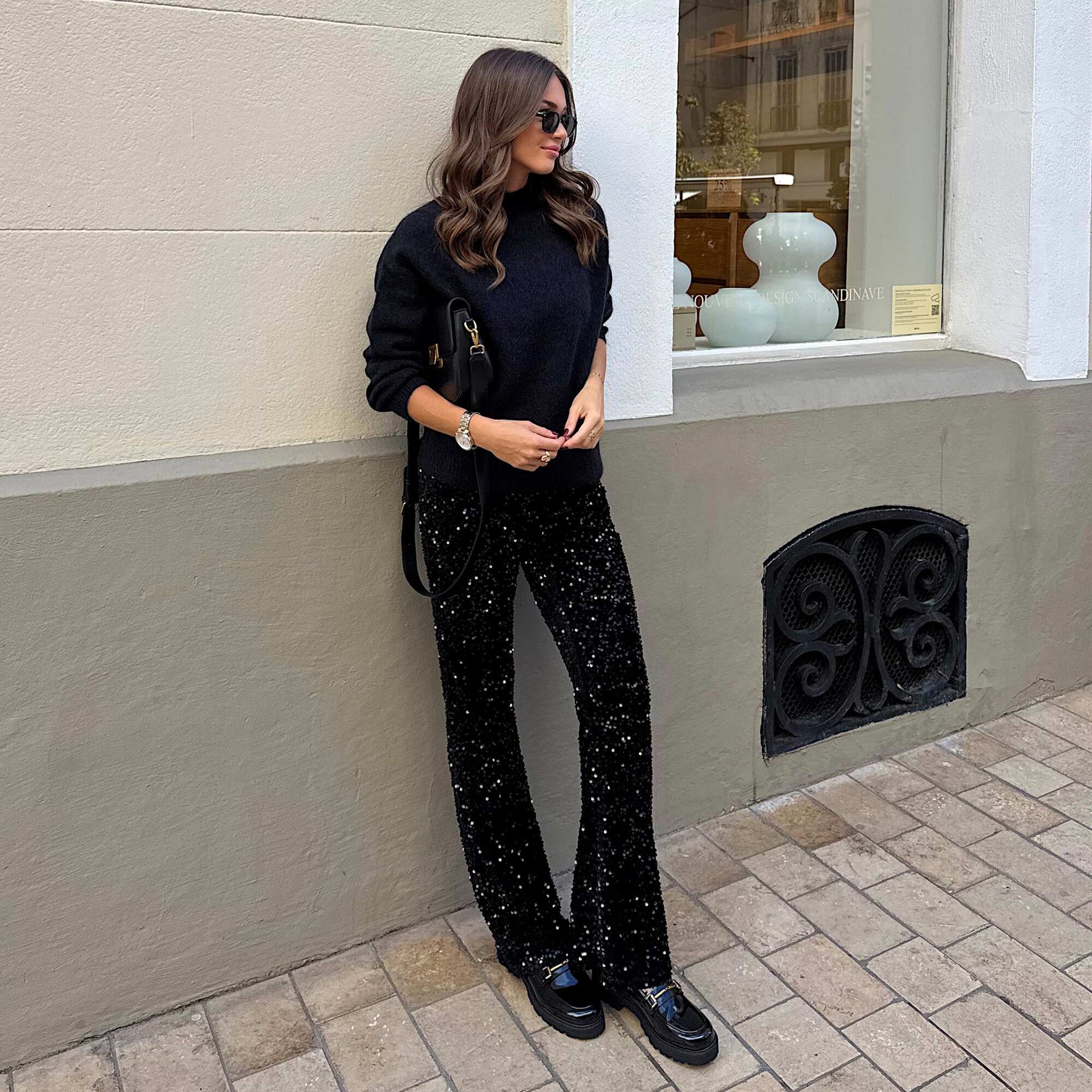 Pantalon flare à sequins NOIR