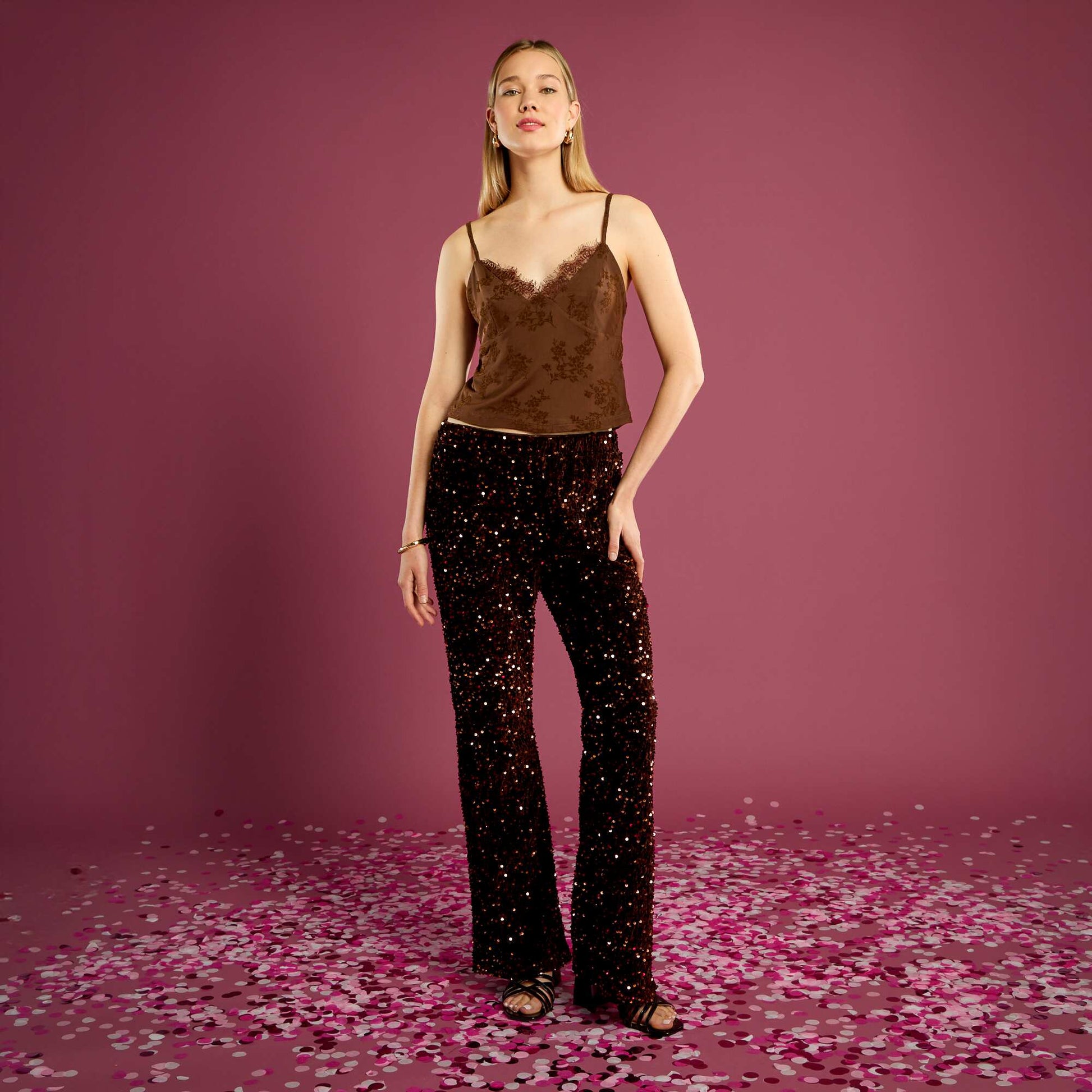 Pantalon flare à sequins MARRON