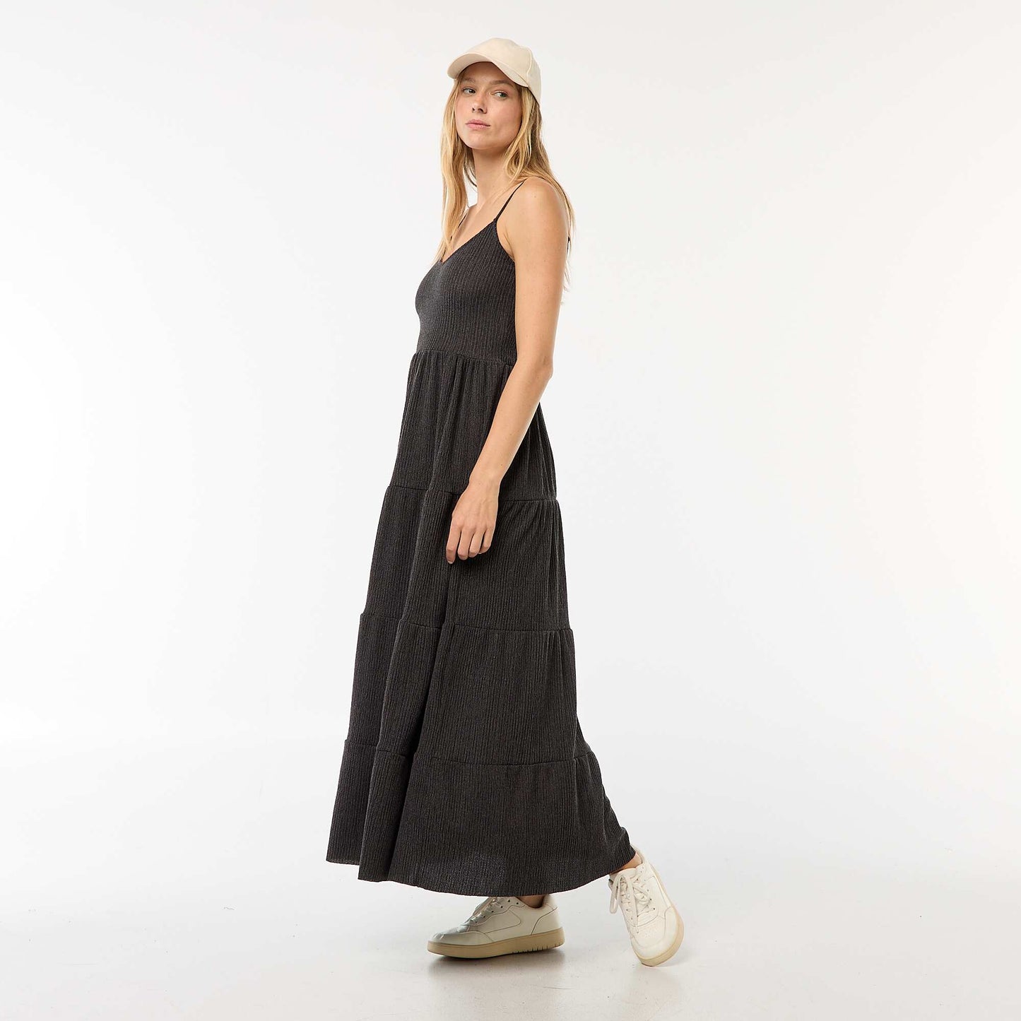 Robe longue gaufrée à étages NOIR
