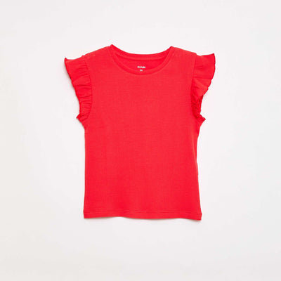 T-shirt côtelé à manches volantées ROUGE