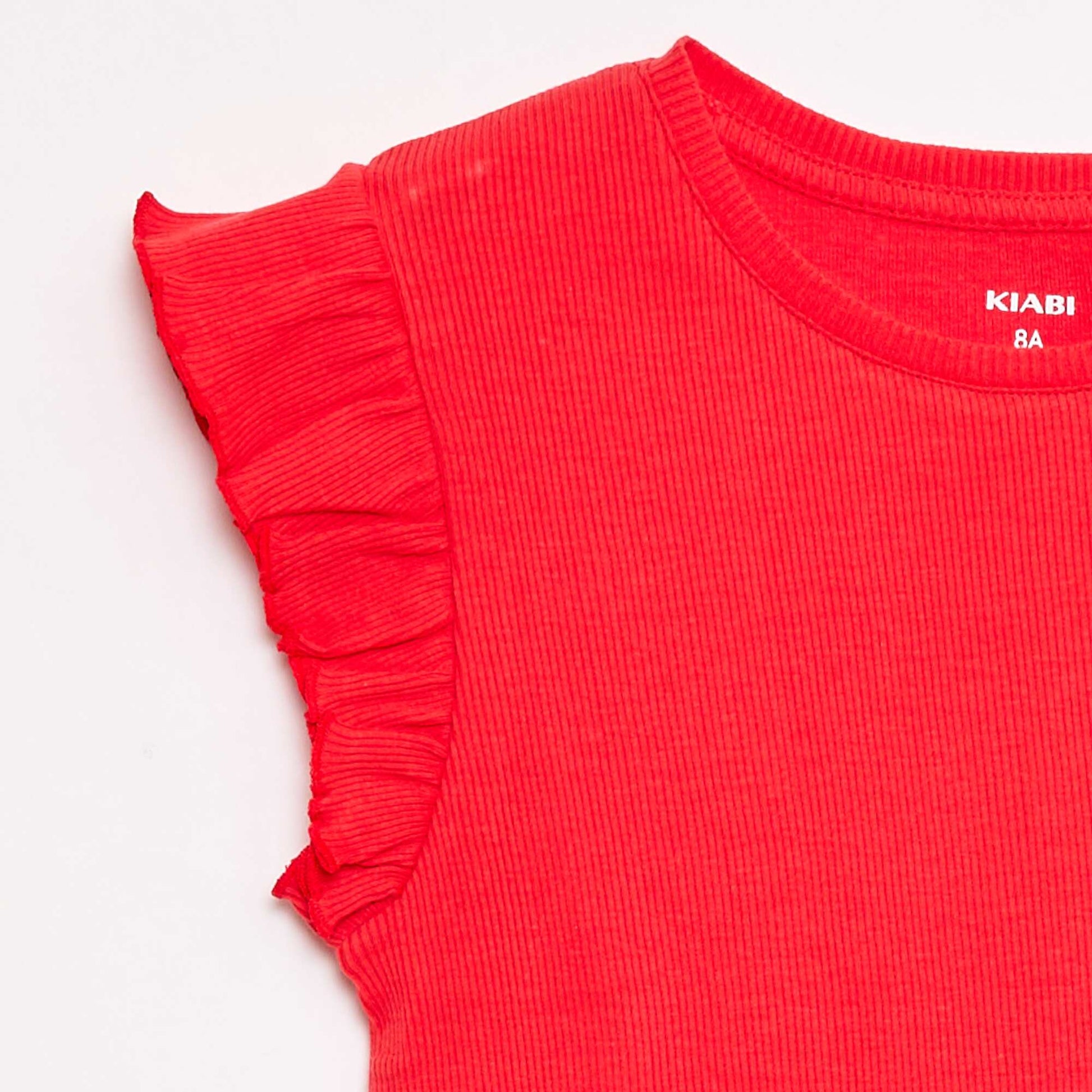 T-shirt côtelé à manches volantées ROUGE