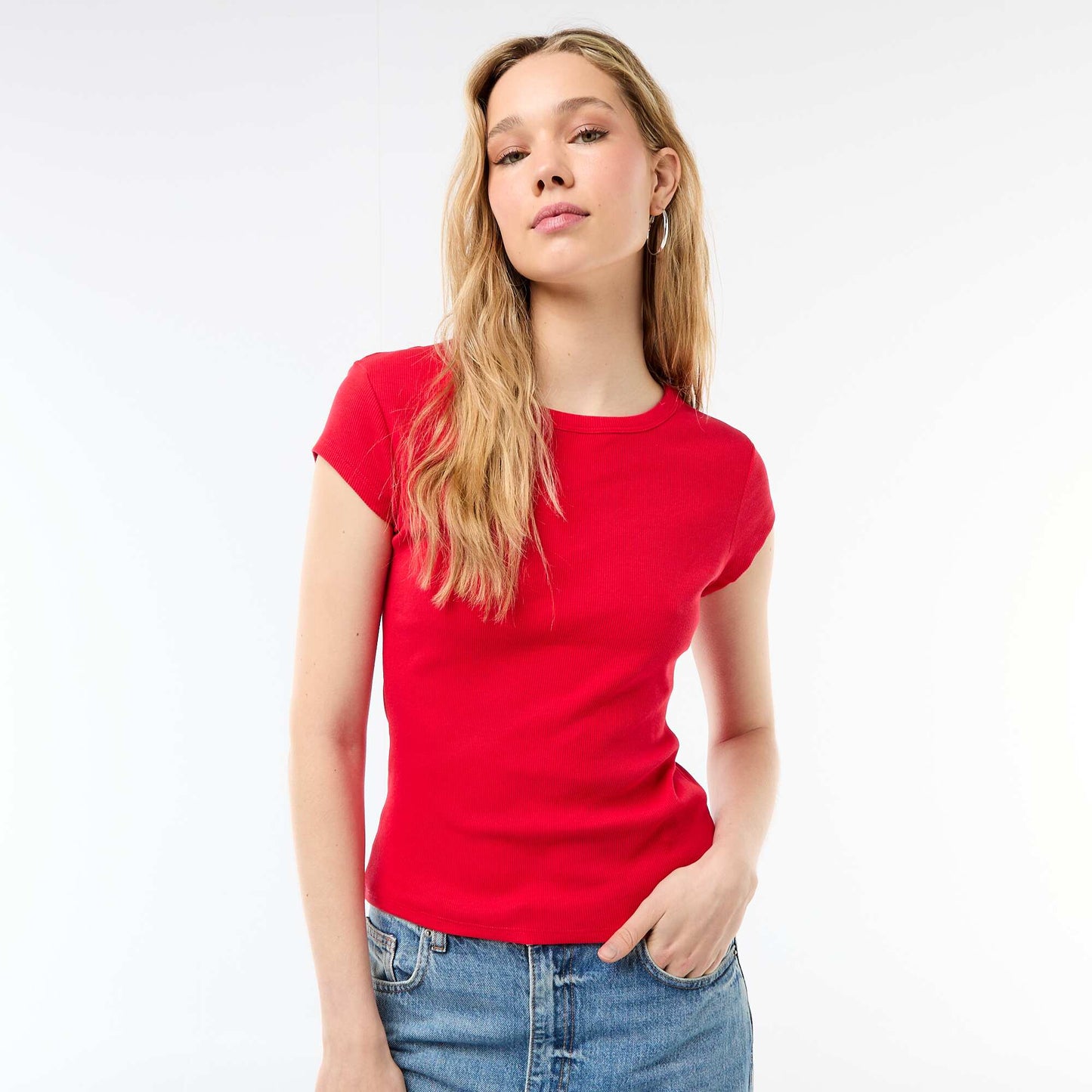 T-shirt en jersey manches courtes côtelé ROUGE