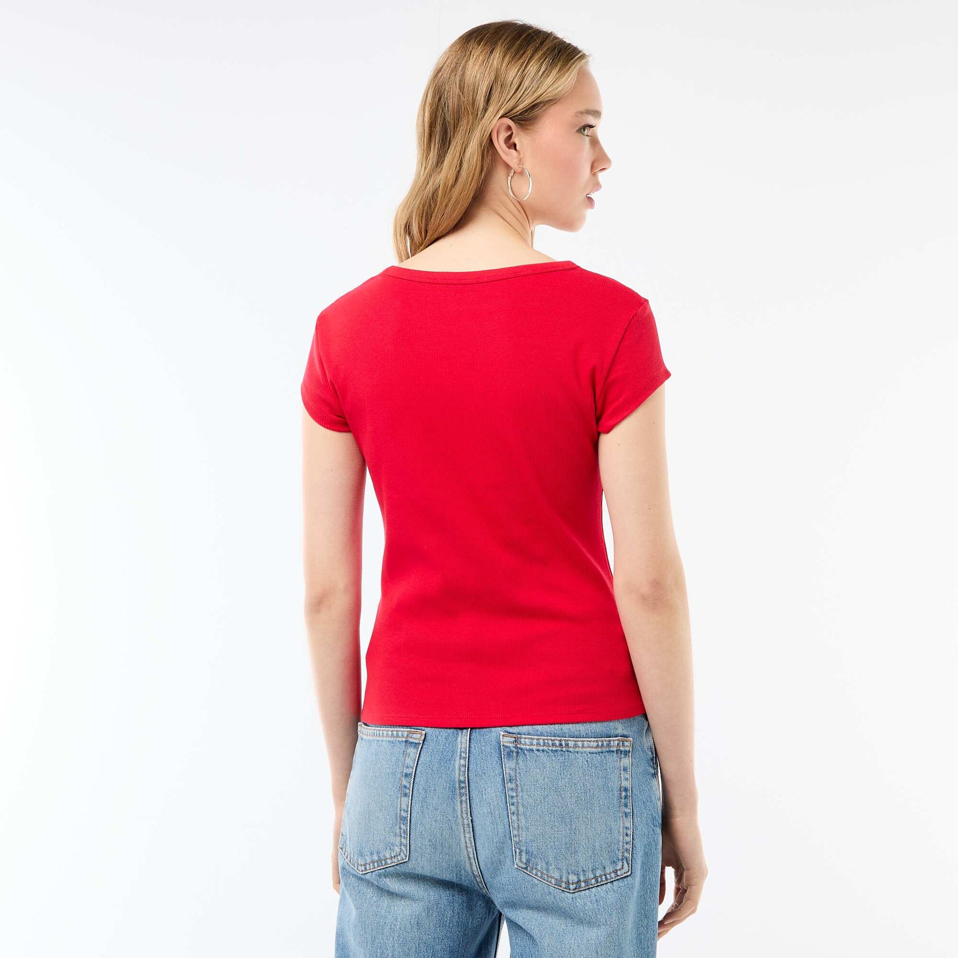 T-shirt en jersey manches courtes côtelé ROUGE
