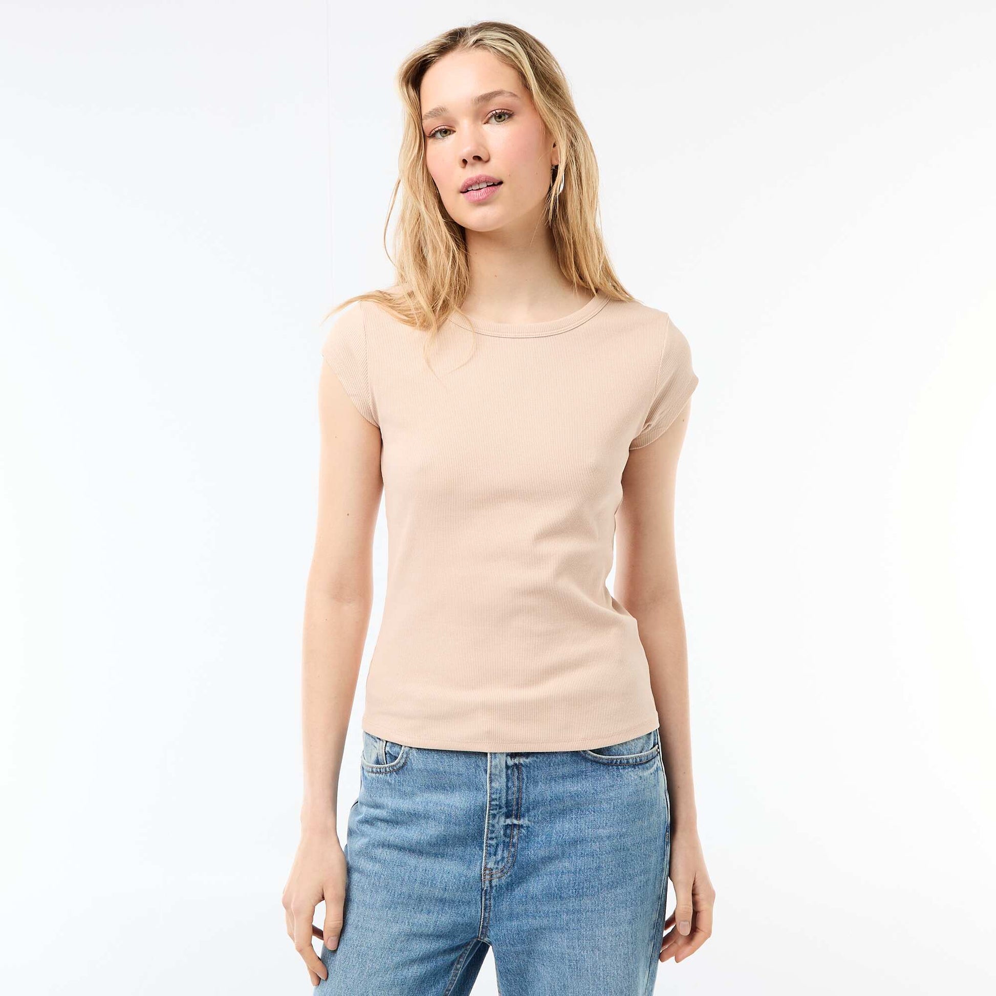 T-shirt en jersey manches courtes côtelé BEIGE