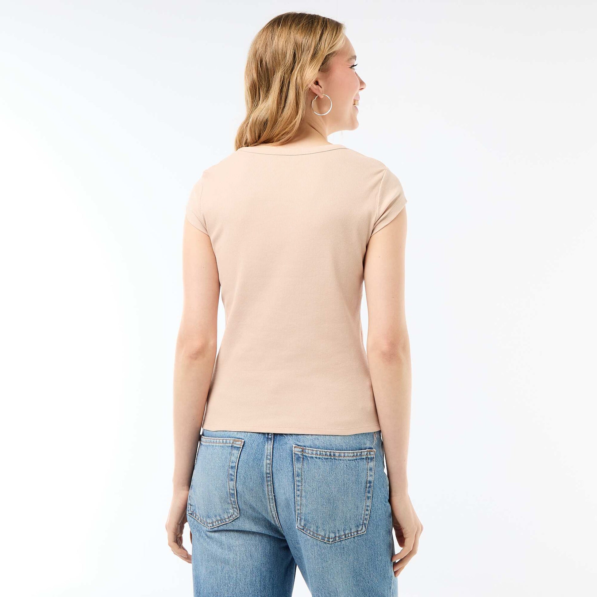 T-shirt en jersey manches courtes côtelé BEIGE