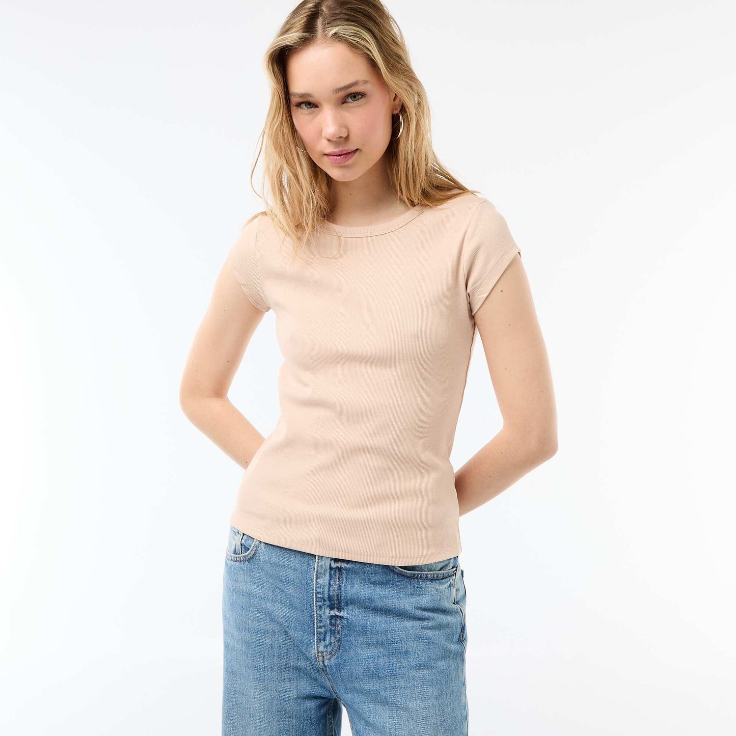T-shirt en jersey manches courtes côtelé BEIGE