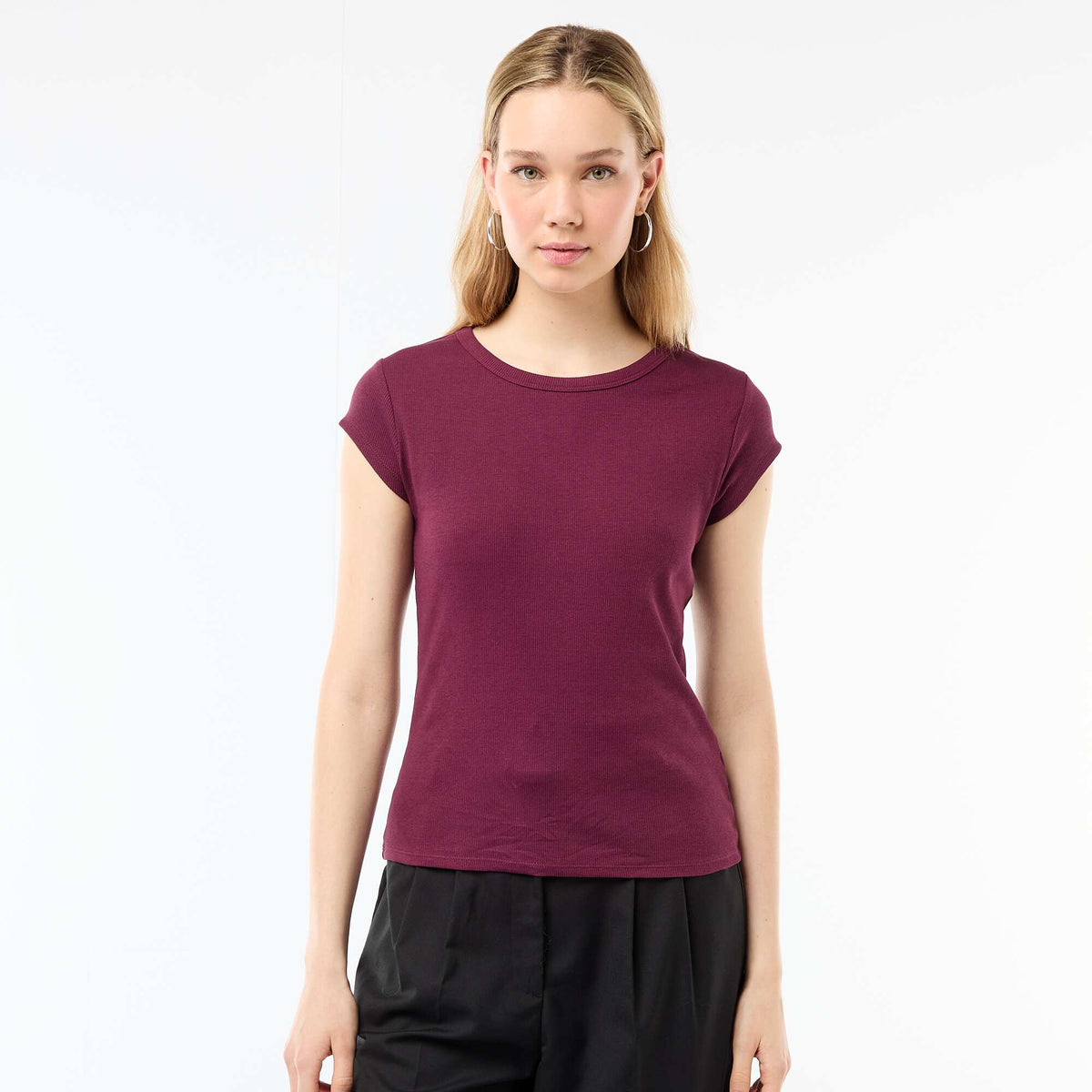 T-shirt en jersey manches courtes côtelé BORDEAUX