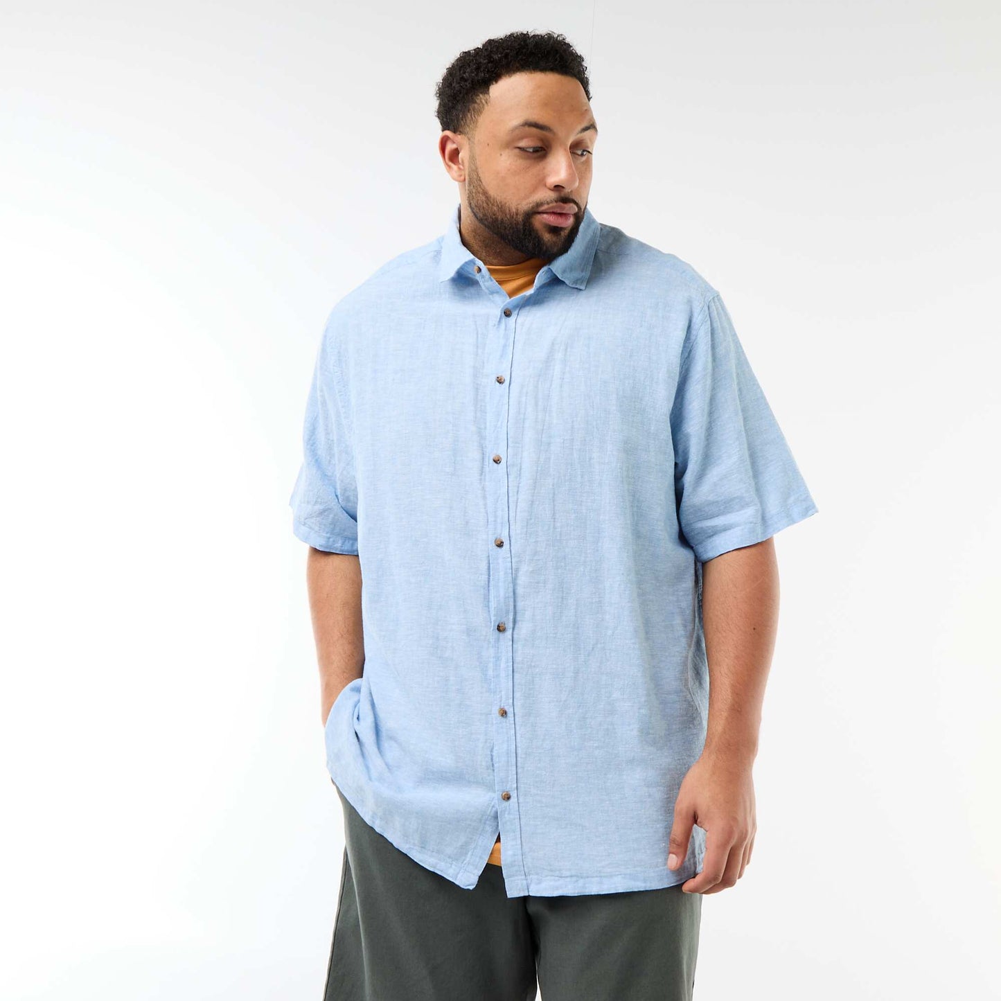Chemise manches courtes en lin mélangé BLEU