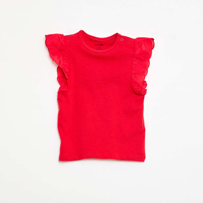 T-shirt en jersey de coton avec manches courtes en broderie anglaise ROUGE