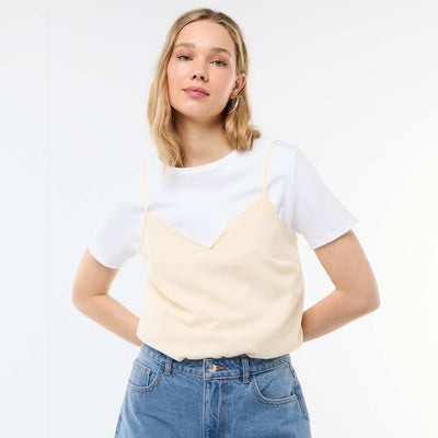 Débardeur avec fines bretelles réglables et col en dentelle BEIGE