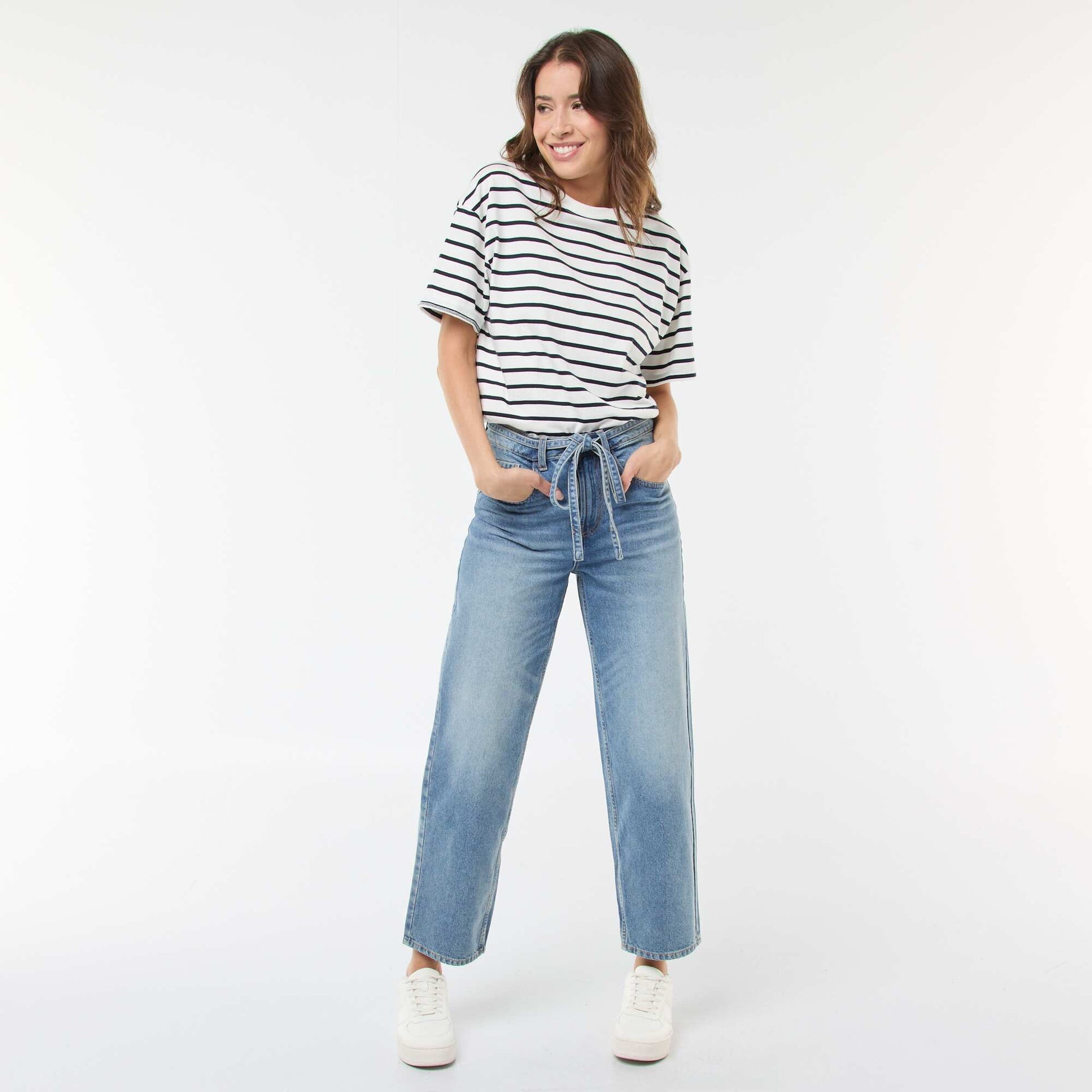 Pantalon denim barrel fit uni avec nœud BLEU