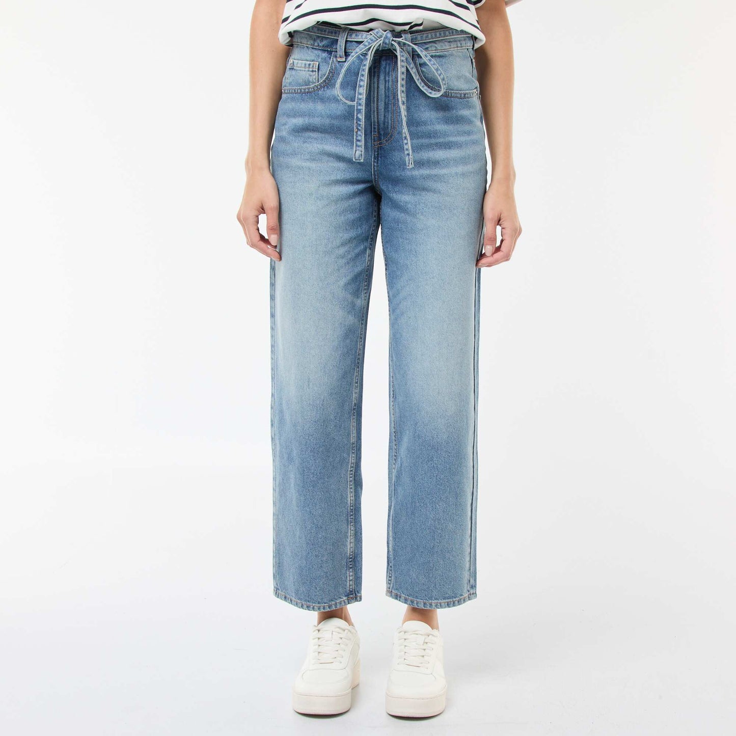 Pantalon denim barrel fit uni avec nœud BLEU