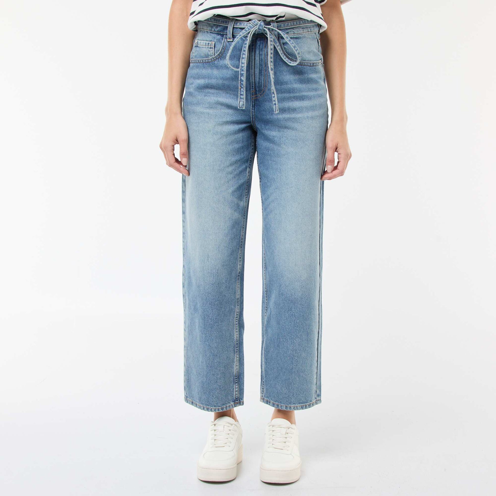 Pantalon denim barrel fit uni avec nœud BLEU