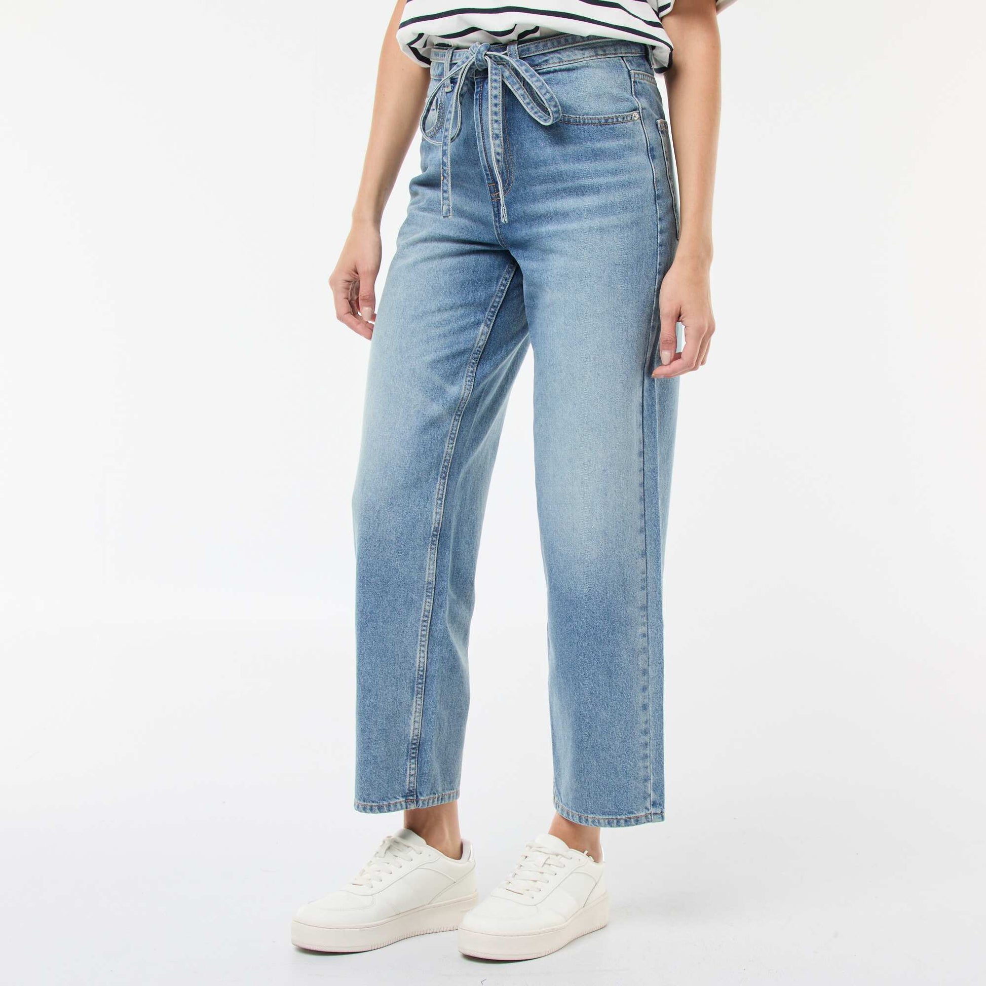 Pantalon denim barrel fit uni avec nœud BLEU