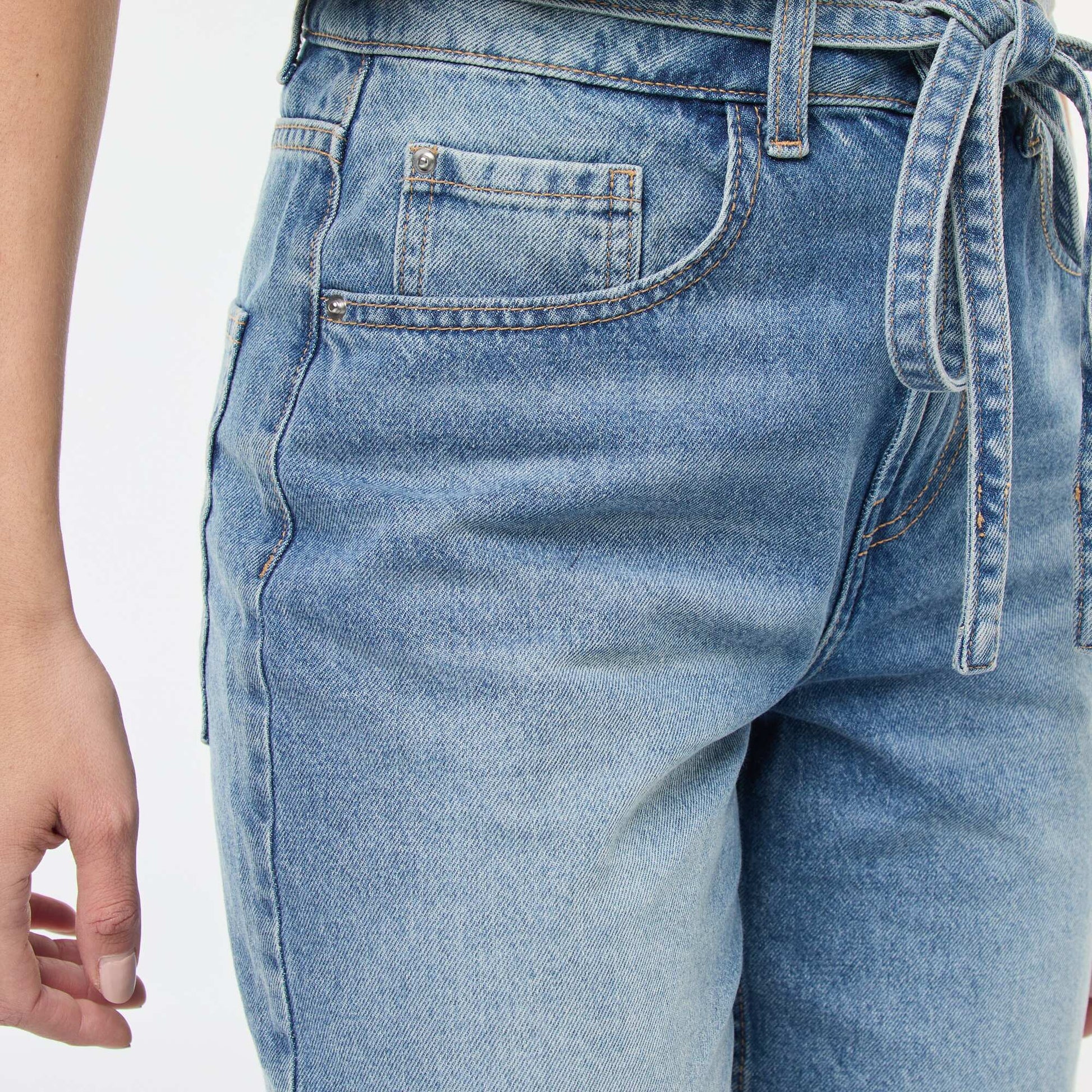 Pantalon denim barrel fit uni avec nœud BLEU