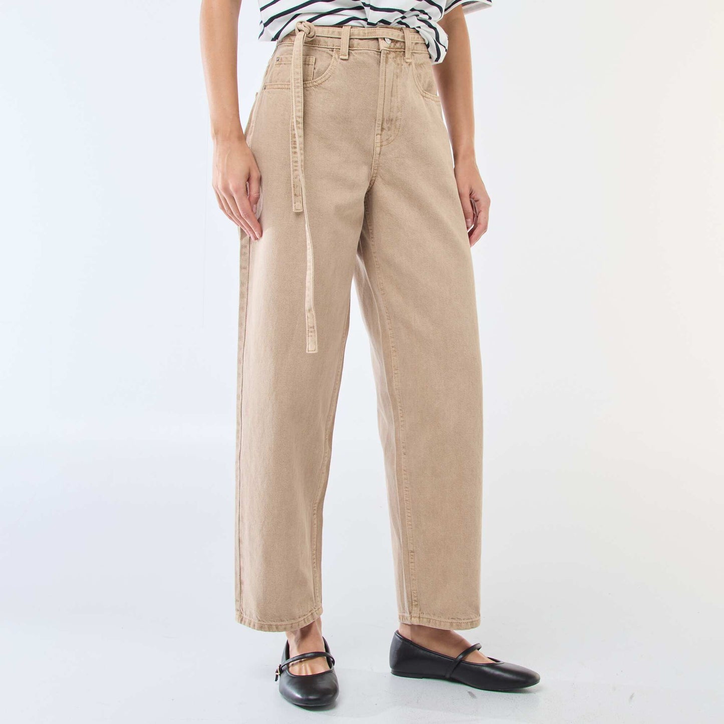 Pantalon denim barrel fit uni avec nœud BEIGE