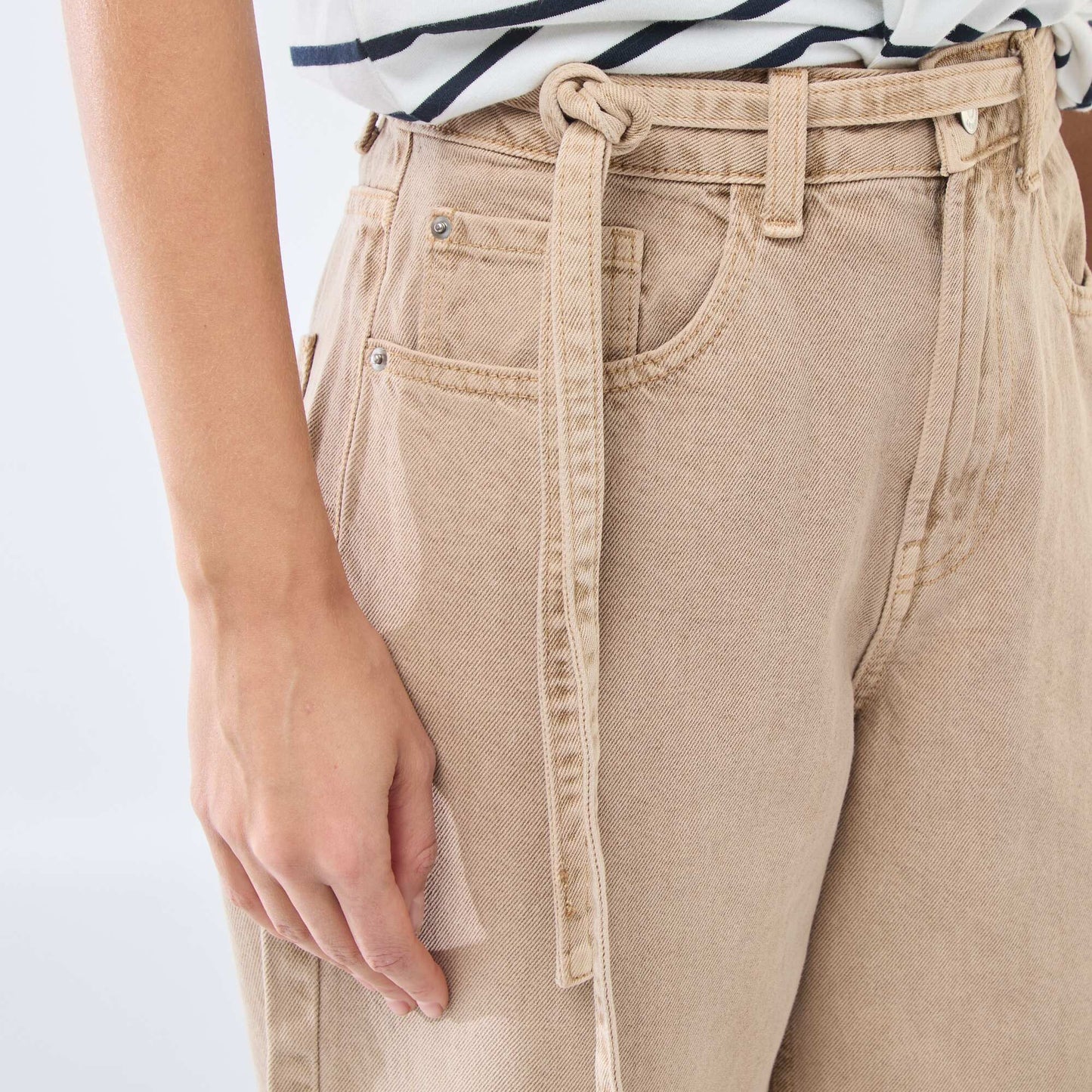 Pantalon denim barrel fit uni avec nœud BEIGE