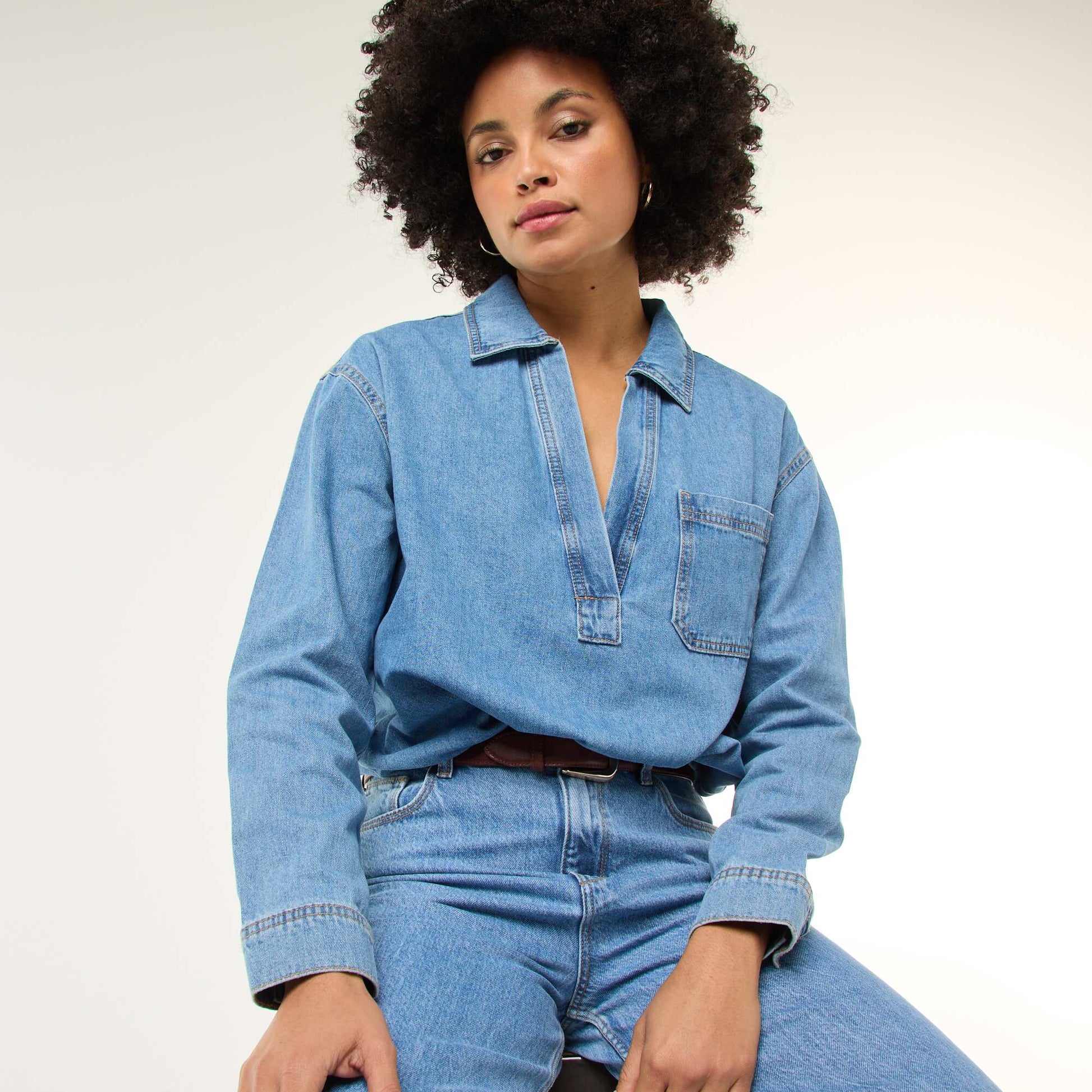 Chemise denim manches longues BLEU
