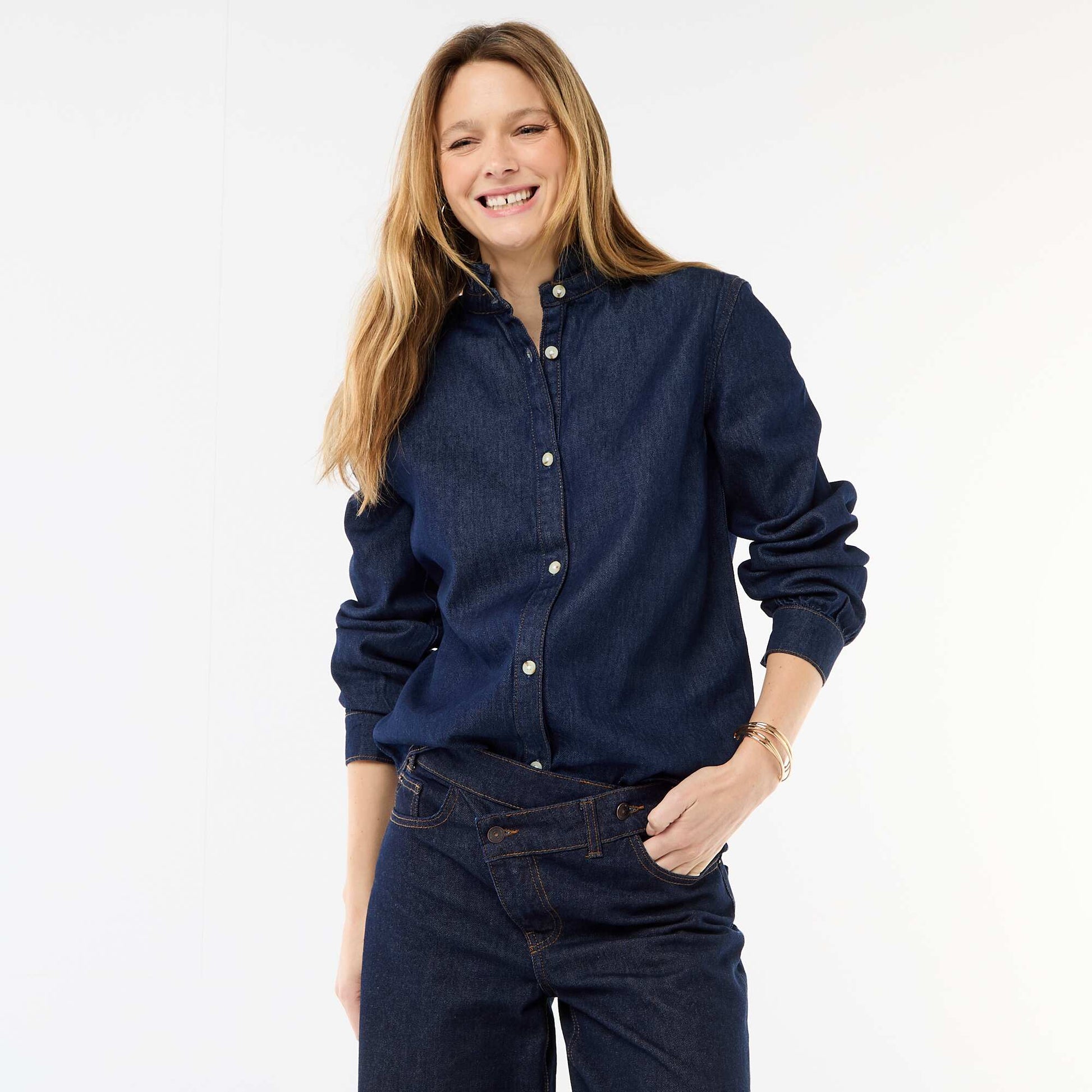 Blouse en denim avec col volanté BLEU