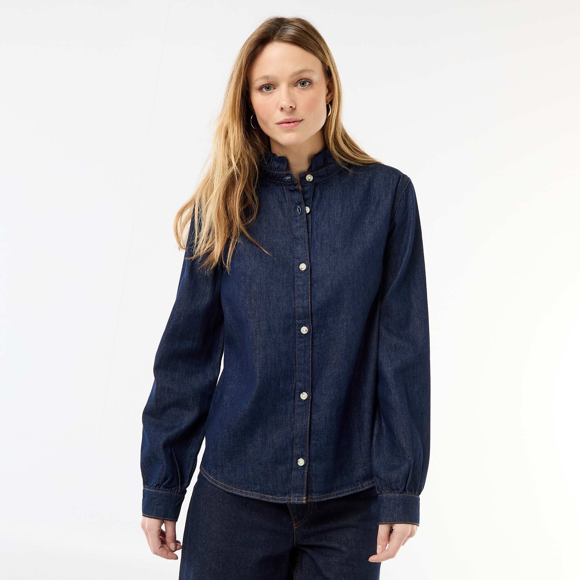 Blouse en denim avec col volanté BLEU