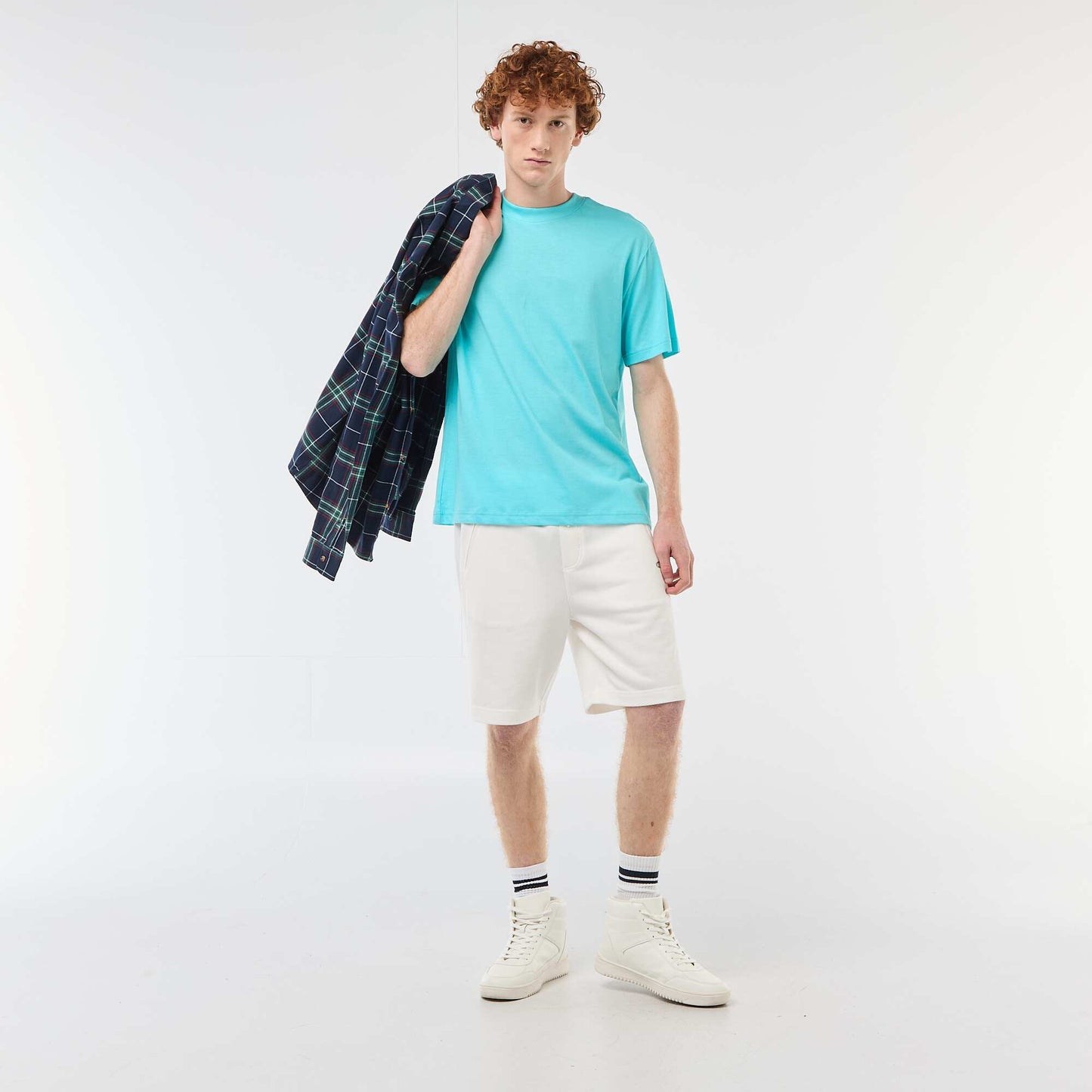 T-shirt uni manches courtes en coton BLEU